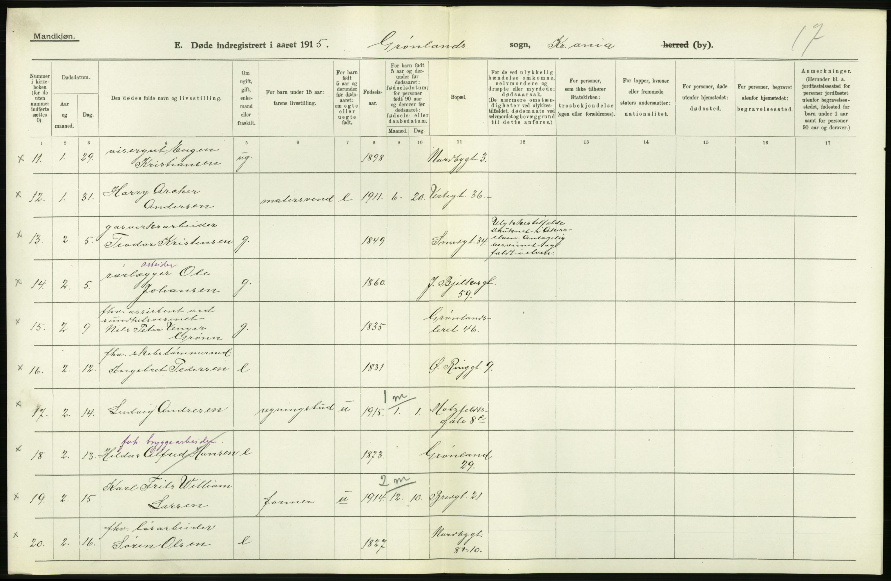 Statistisk sentralbyrå, Sosiodemografiske emner, Befolkning, RA/S-2228/D/Df/Dfb/Dfbe/L0010: Kristiania: Døde, dødfødte., 1915, p. 64