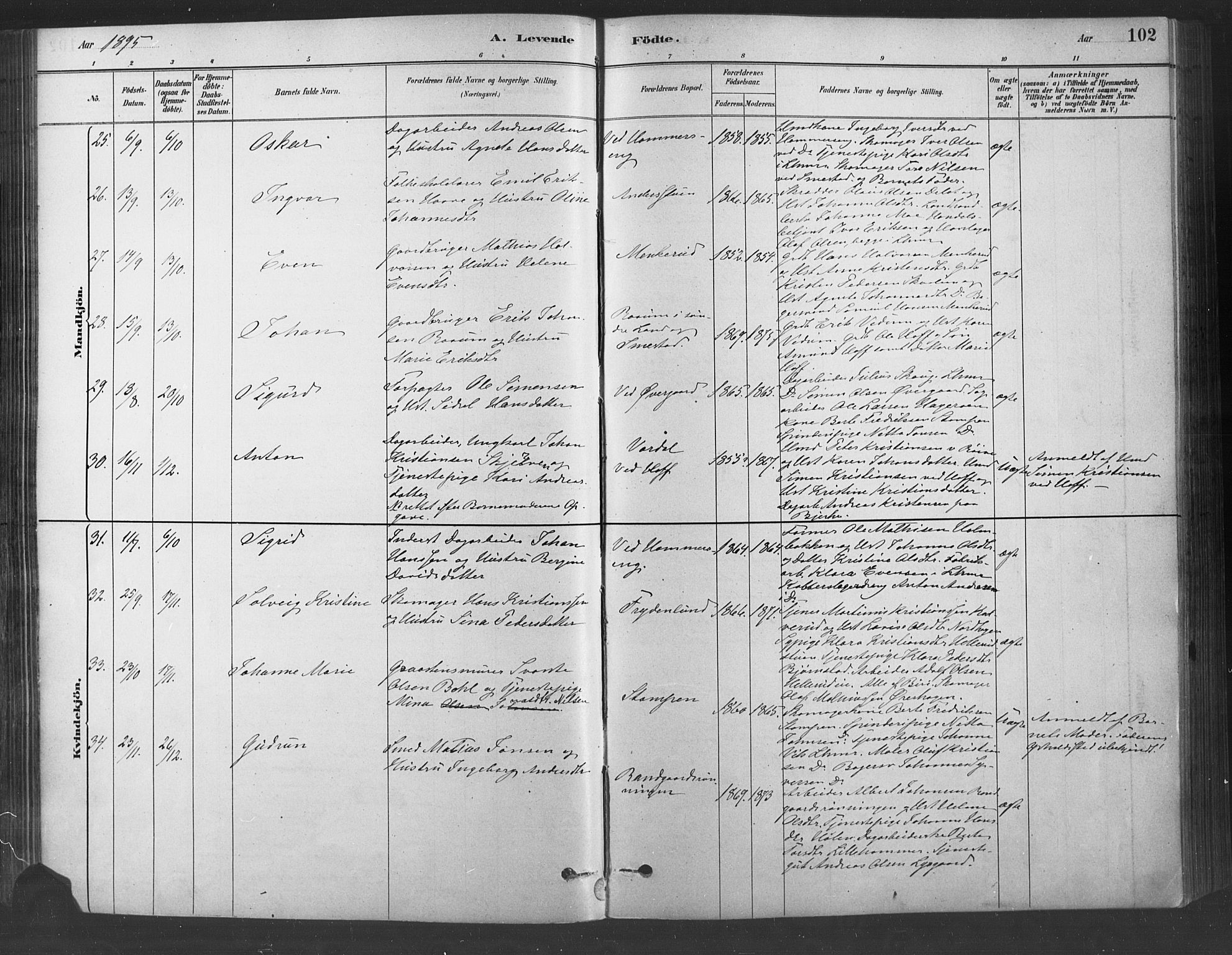 Fåberg prestekontor, SAH/PREST-086/H/Ha/Haa/L0009: Parish register (official) no. 9, 1879-1898, p. 102