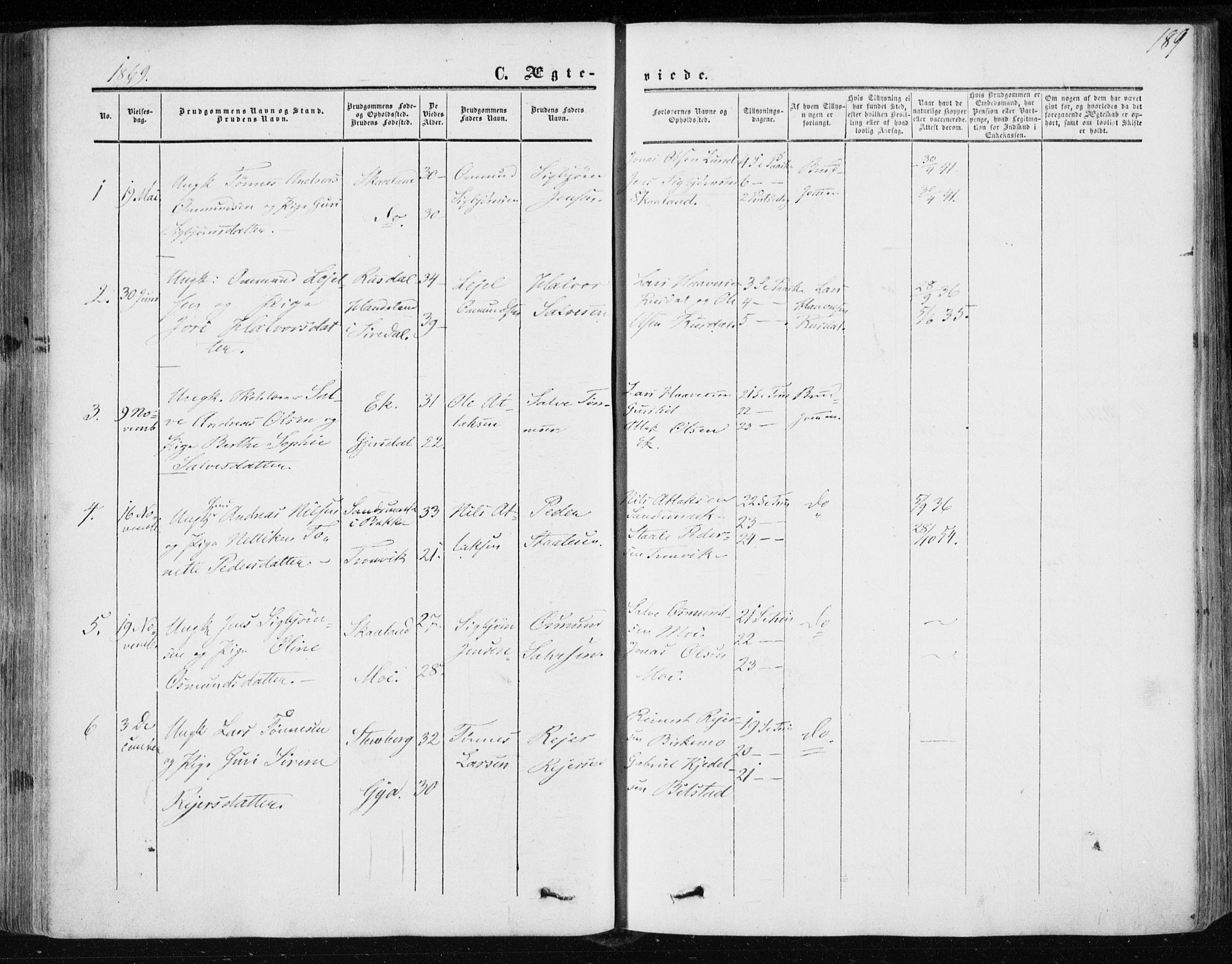 Lund sokneprestkontor, AV/SAST-A-101809/S06/L0009: Parish register (official) no. A 8, 1853-1877, p. 189