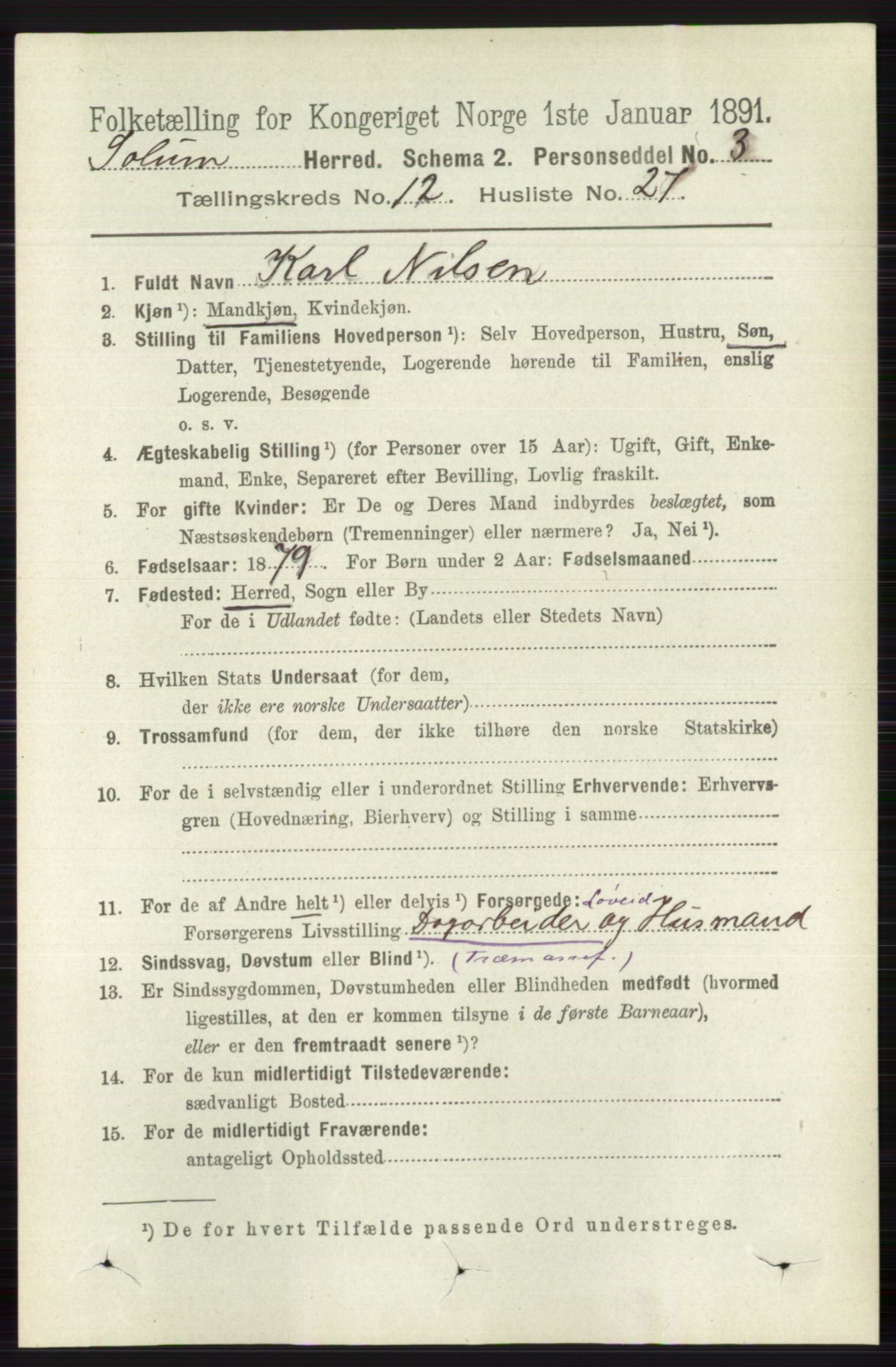 RA, 1891 census for 0818 Solum, 1891, p. 5740