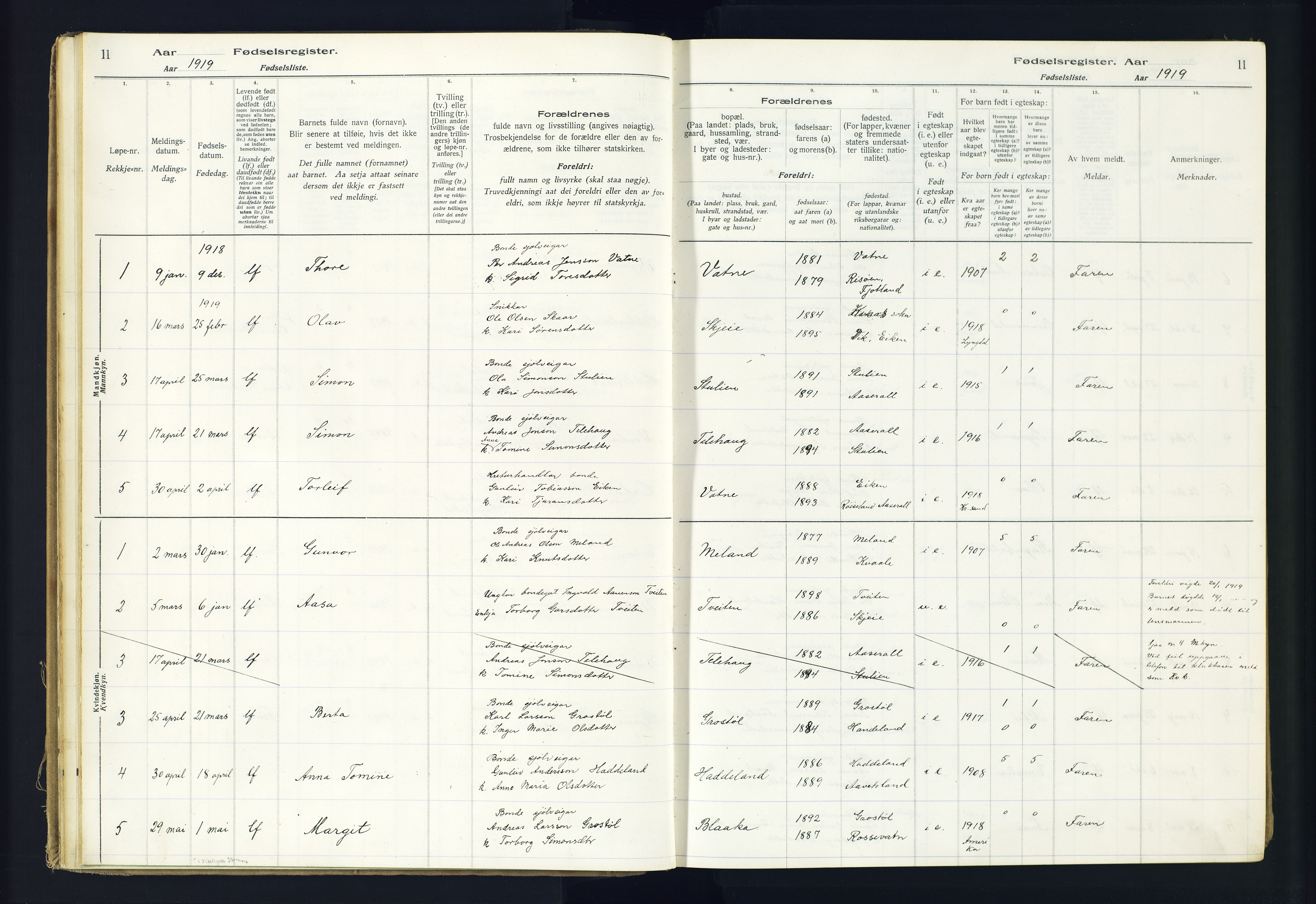 Hægebostad sokneprestkontor, AV/SAK-1111-0024/J/Ja/L0002: Birth register no. II.6.8, 1916-1982, p. 11