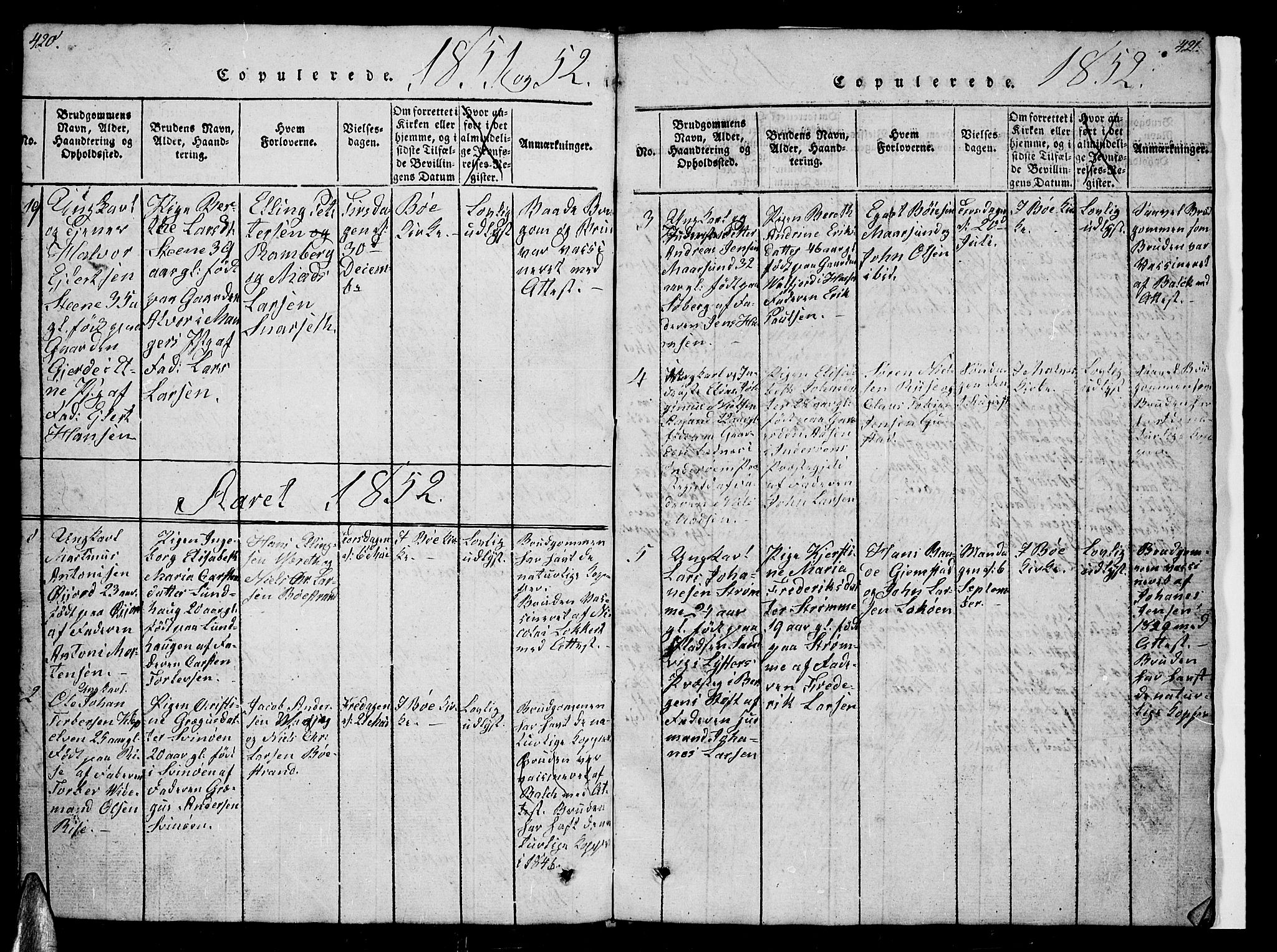 Ministerialprotokoller, klokkerbøker og fødselsregistre - Nordland, AV/SAT-A-1459/891/L1312: Parish register (copy) no. 891C01, 1820-1856, p. 420-421