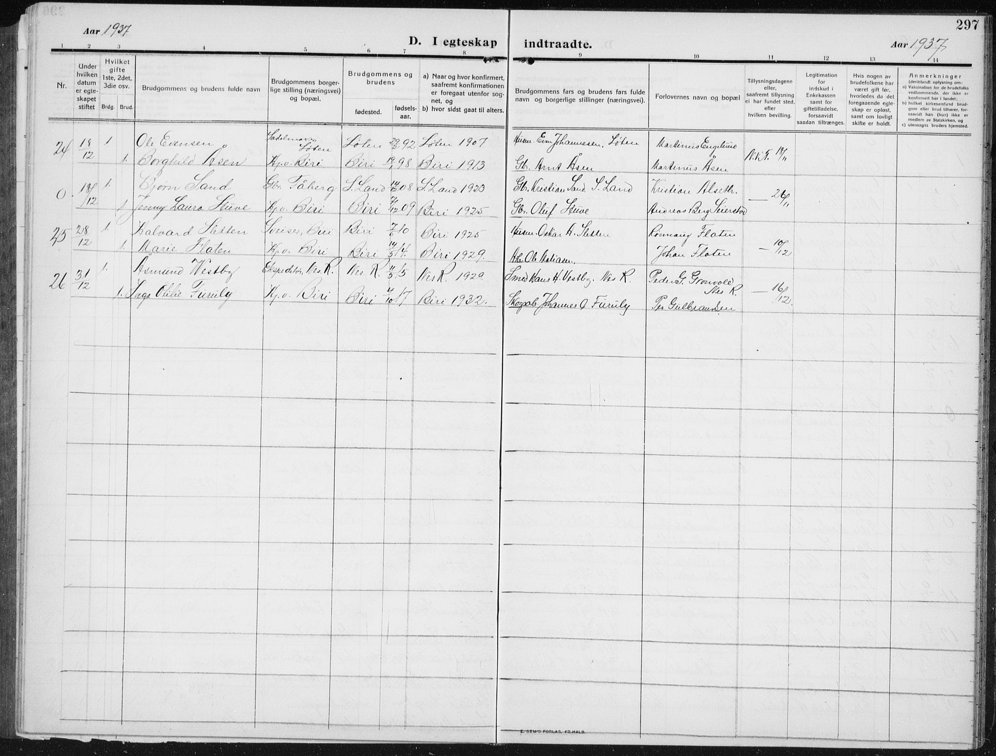 Biri prestekontor, SAH/PREST-096/H/Ha/Hab/L0006: Parish register (copy) no. 6, 1909-1938, p. 297