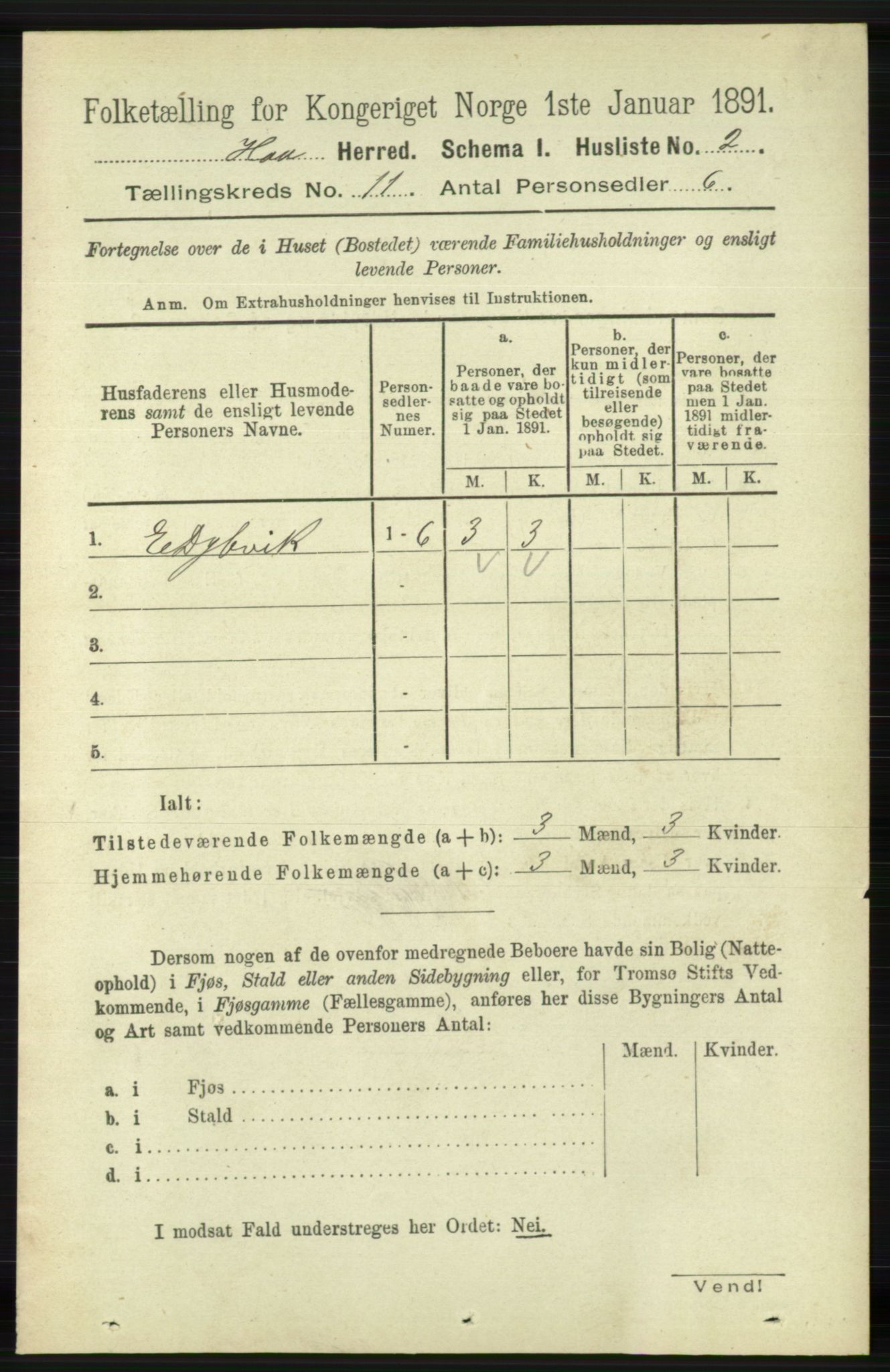 RA, 1891 census for 1119 Hå, 1891, p. 2595