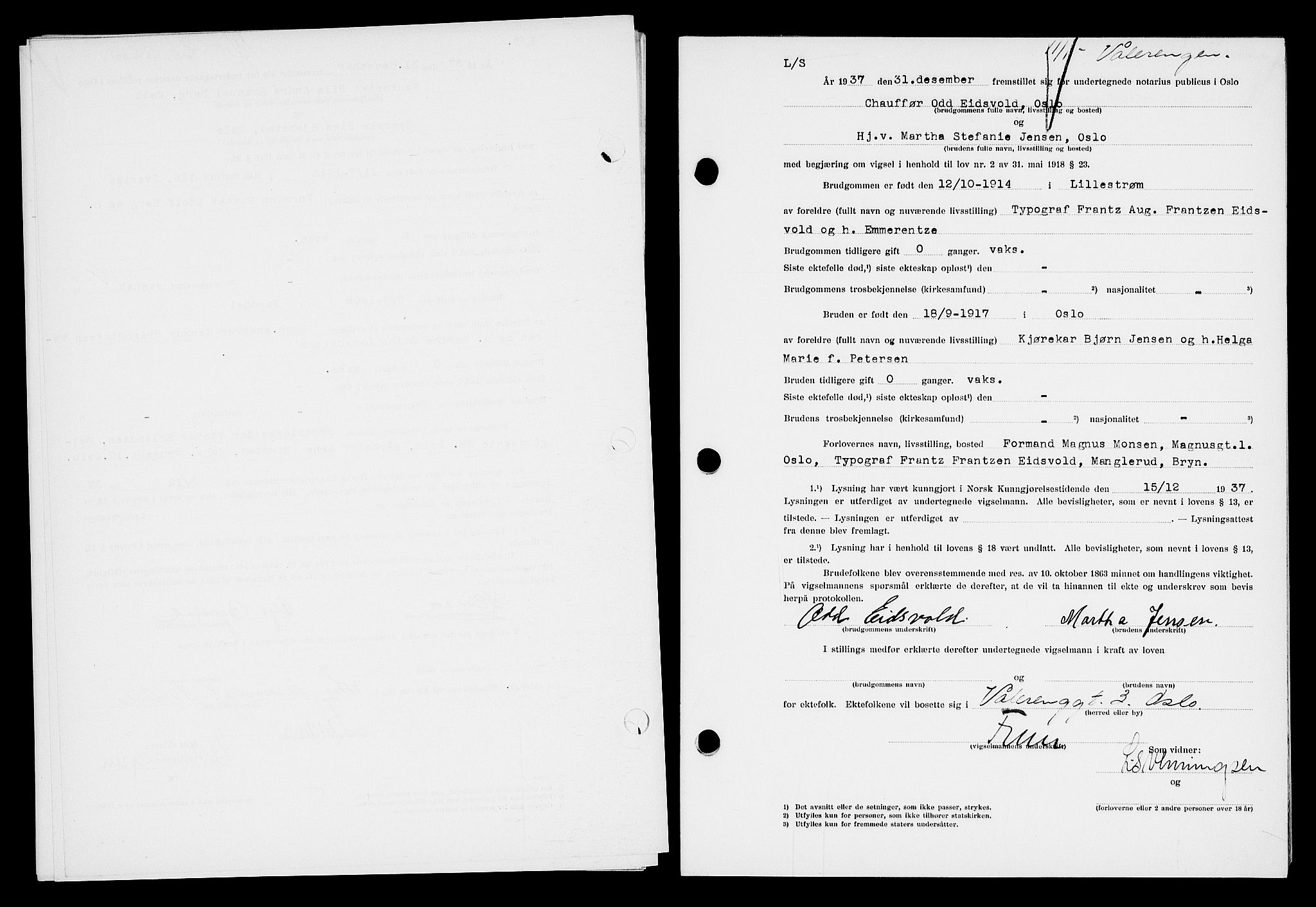 Oslo byfogd avd. I, AV/SAO-A-10220/L/Lb/Lbb/L0029: Notarialprotokoll, rekke II: Vigsler, 1937-1938