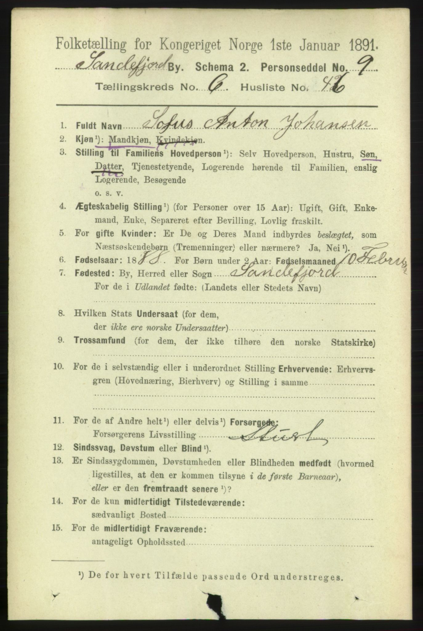 RA, 1891 census for 0706 Sandefjord, 1891, p. 2880