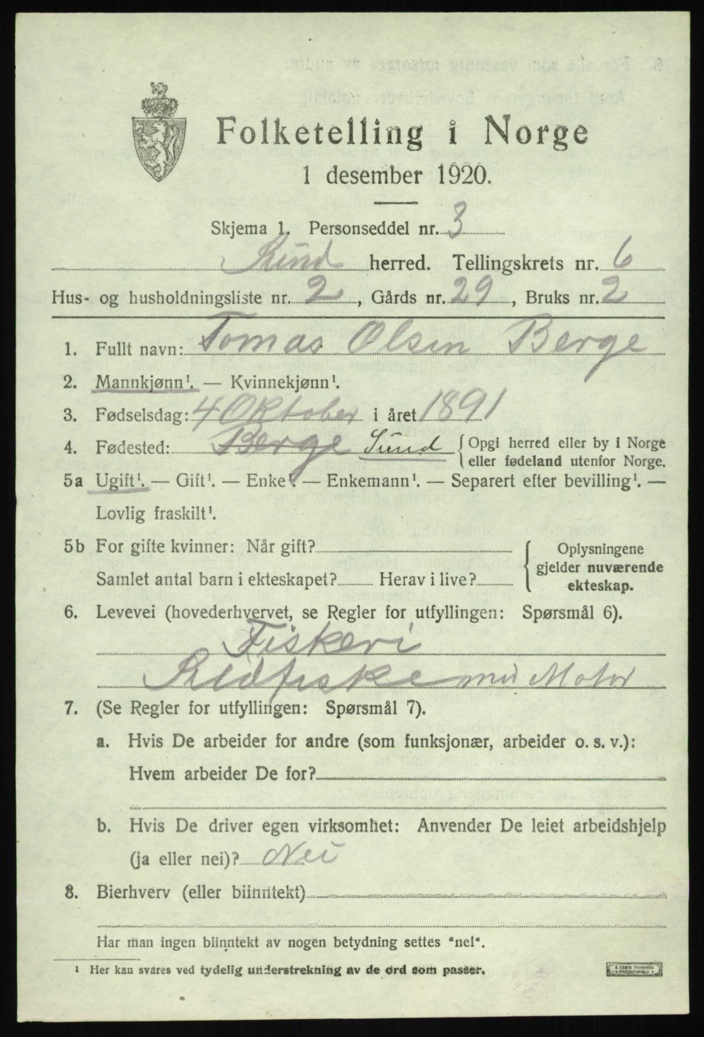 SAB, 1920 census for Sund, 1920, p. 3885