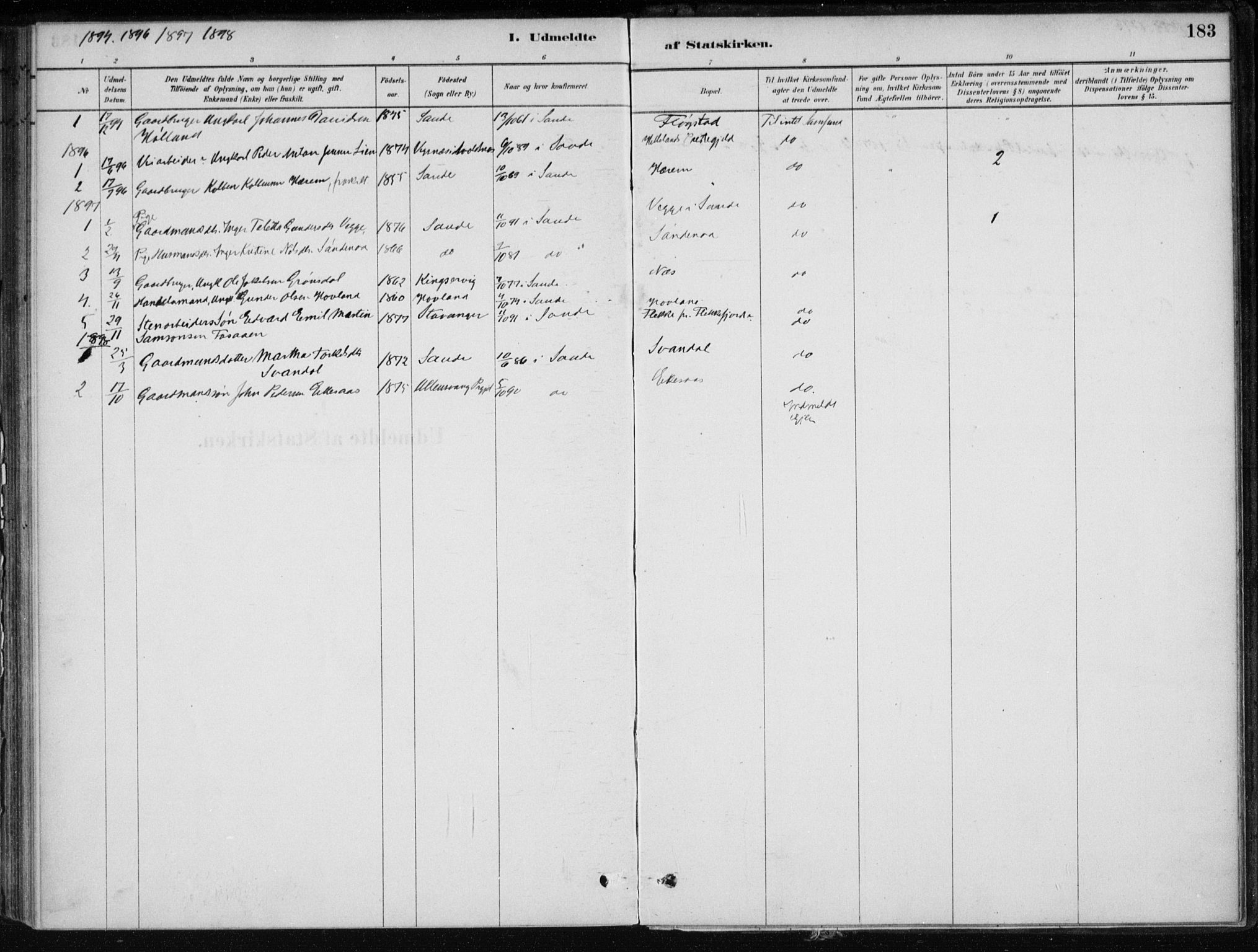 Sand sokneprestkontor, AV/SAST-A-101848/01/III/L0006: Parish register (official) no. A 6, 1880-1898, p. 183