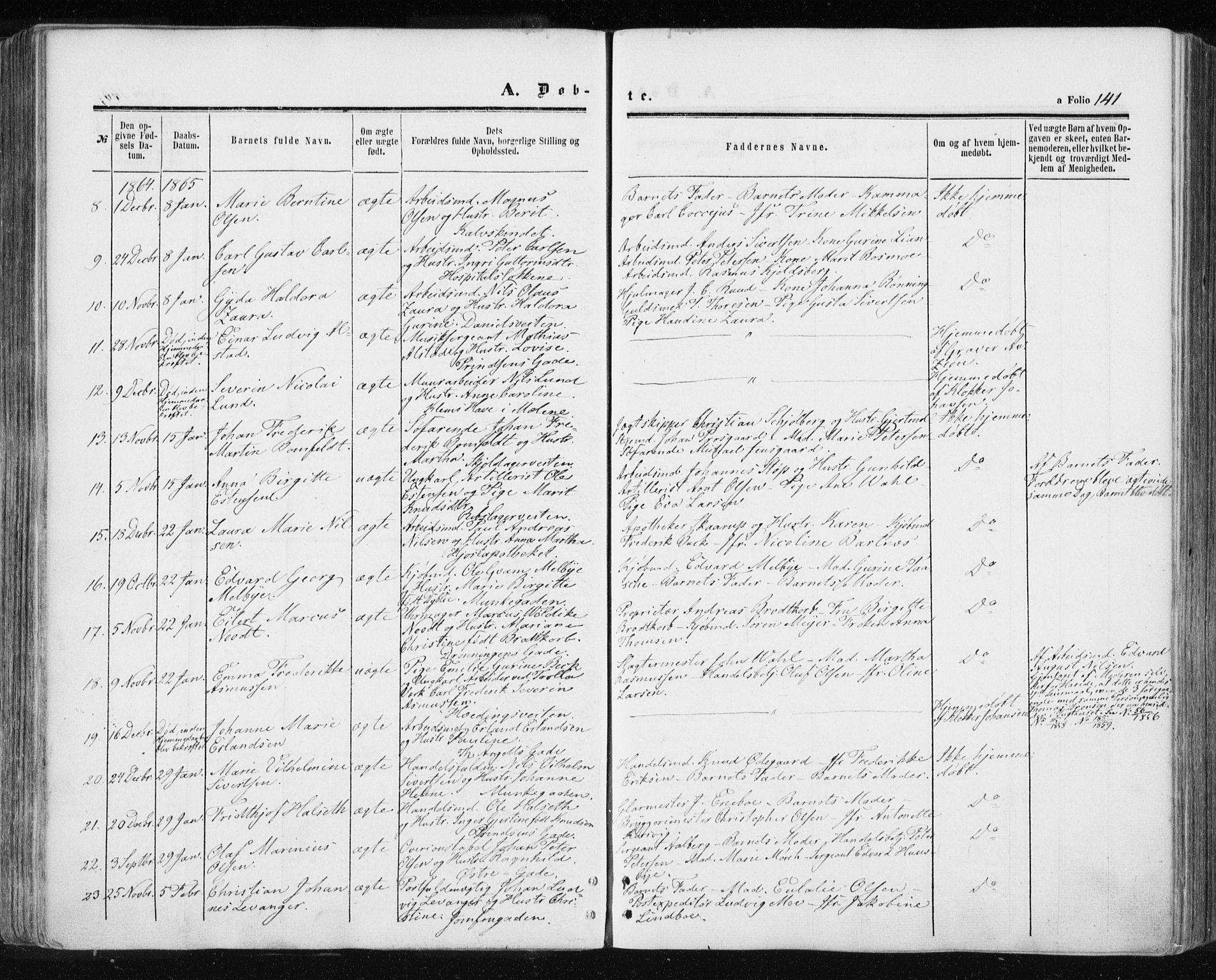 Ministerialprotokoller, klokkerbøker og fødselsregistre - Sør-Trøndelag, SAT/A-1456/601/L0053: Parish register (official) no. 601A21, 1857-1865, p. 141