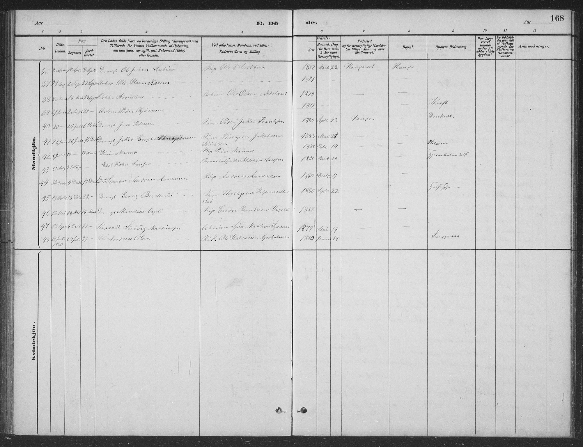 Haugesund sokneprestkontor, SAST/A -101863/H/Ha/Hab/L0002: Parish register (copy) no. B 2, 1881-1894, p. 168