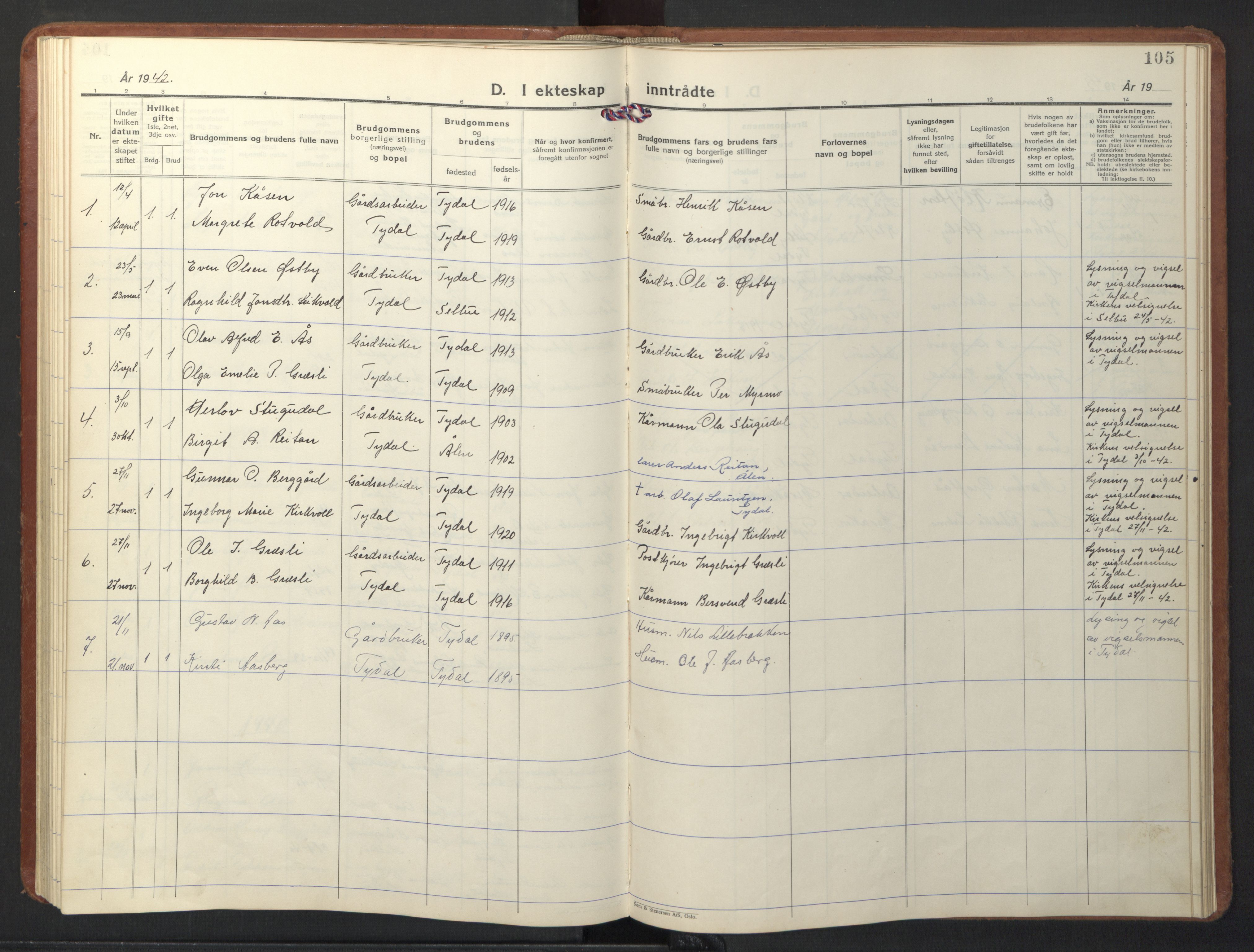 Ministerialprotokoller, klokkerbøker og fødselsregistre - Sør-Trøndelag, AV/SAT-A-1456/698/L1169: Parish register (copy) no. 698C06, 1930-1949, p. 105