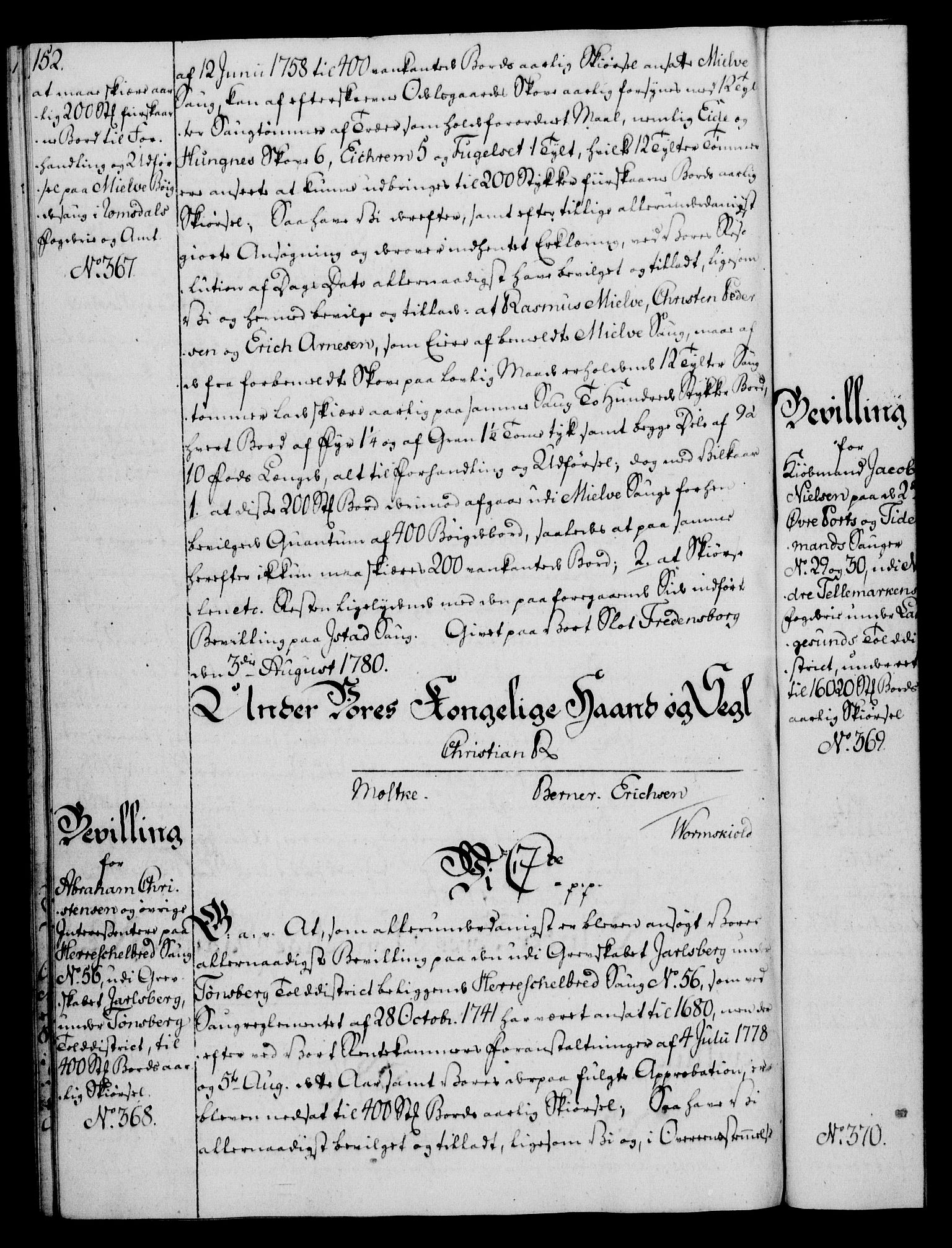 Rentekammeret, Kammerkanselliet, AV/RA-EA-3111/G/Gg/Gga/L0011: Norsk ekspedisjonsprotokoll med register (merket RK 53.11), 1779-1781, p. 152