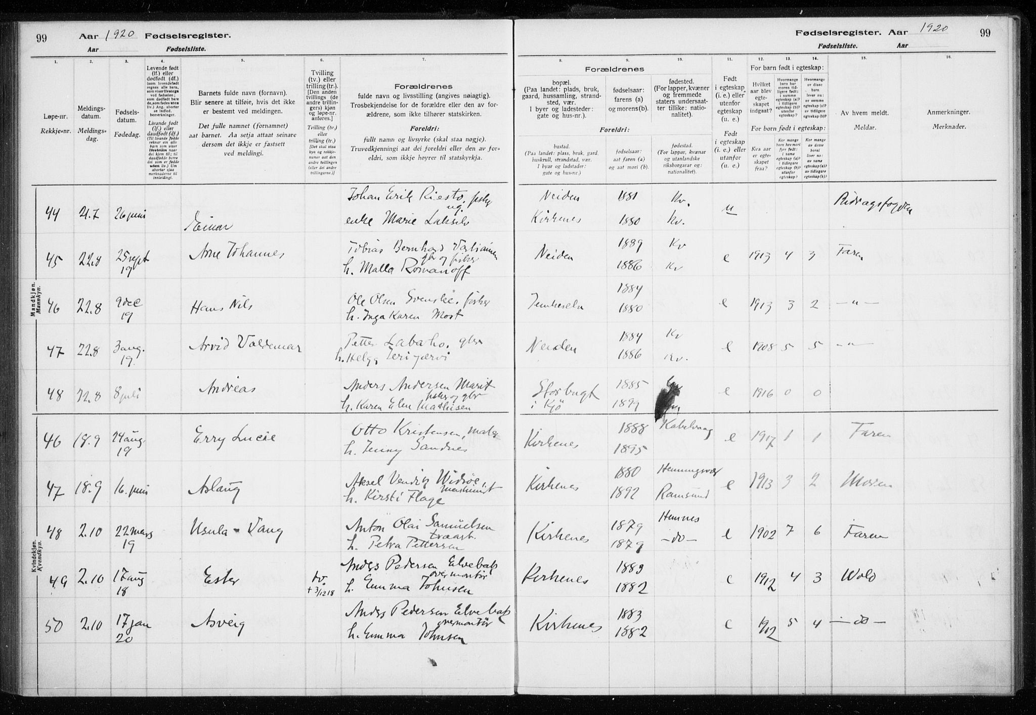 Sør-Varanger sokneprestkontor, AV/SATØ-S-1331/I/Ia/L0016: Birth register no. 16, 1915-1925, p. 99