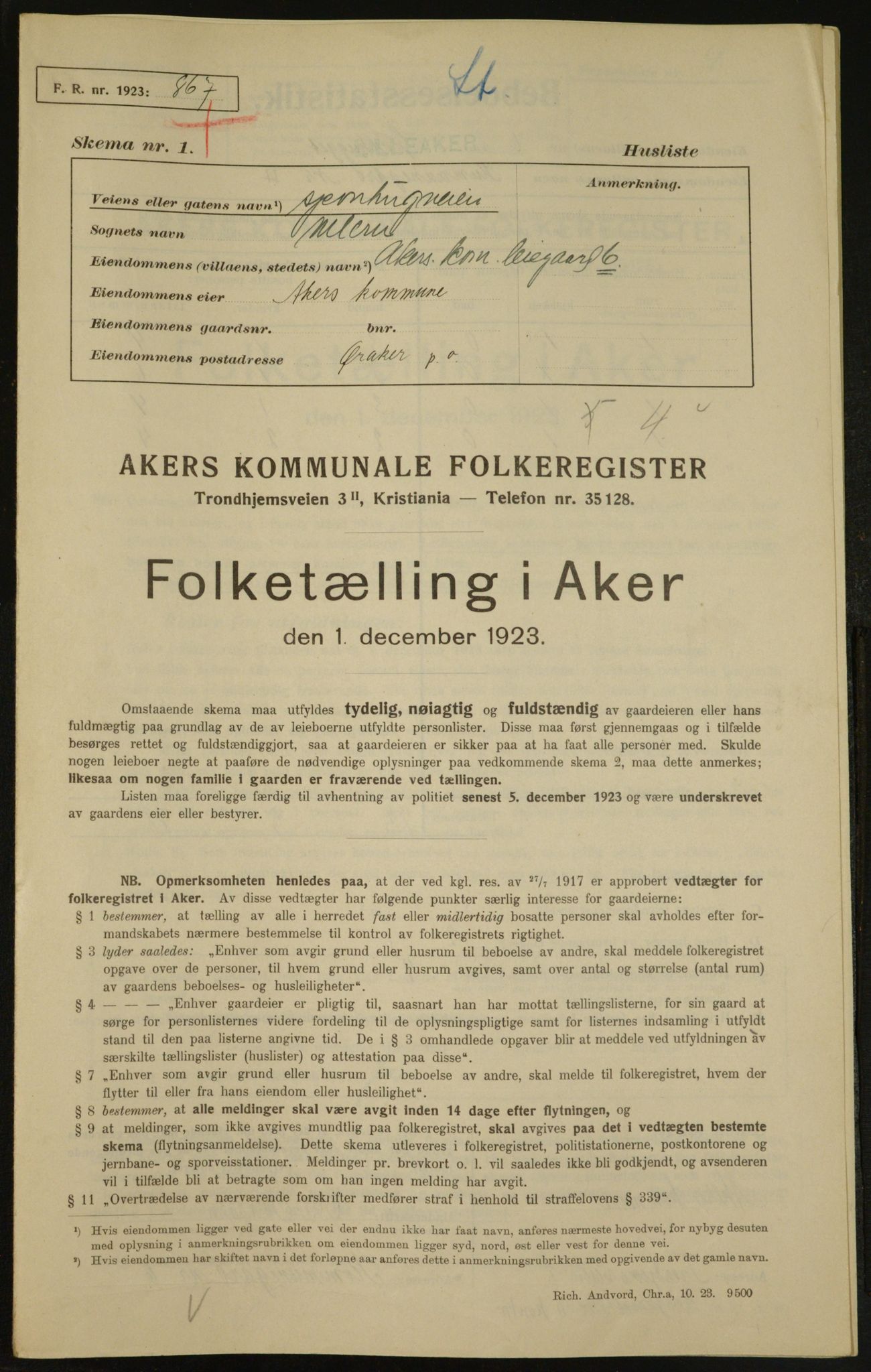 , Municipal Census 1923 for Aker, 1923, p. 5341