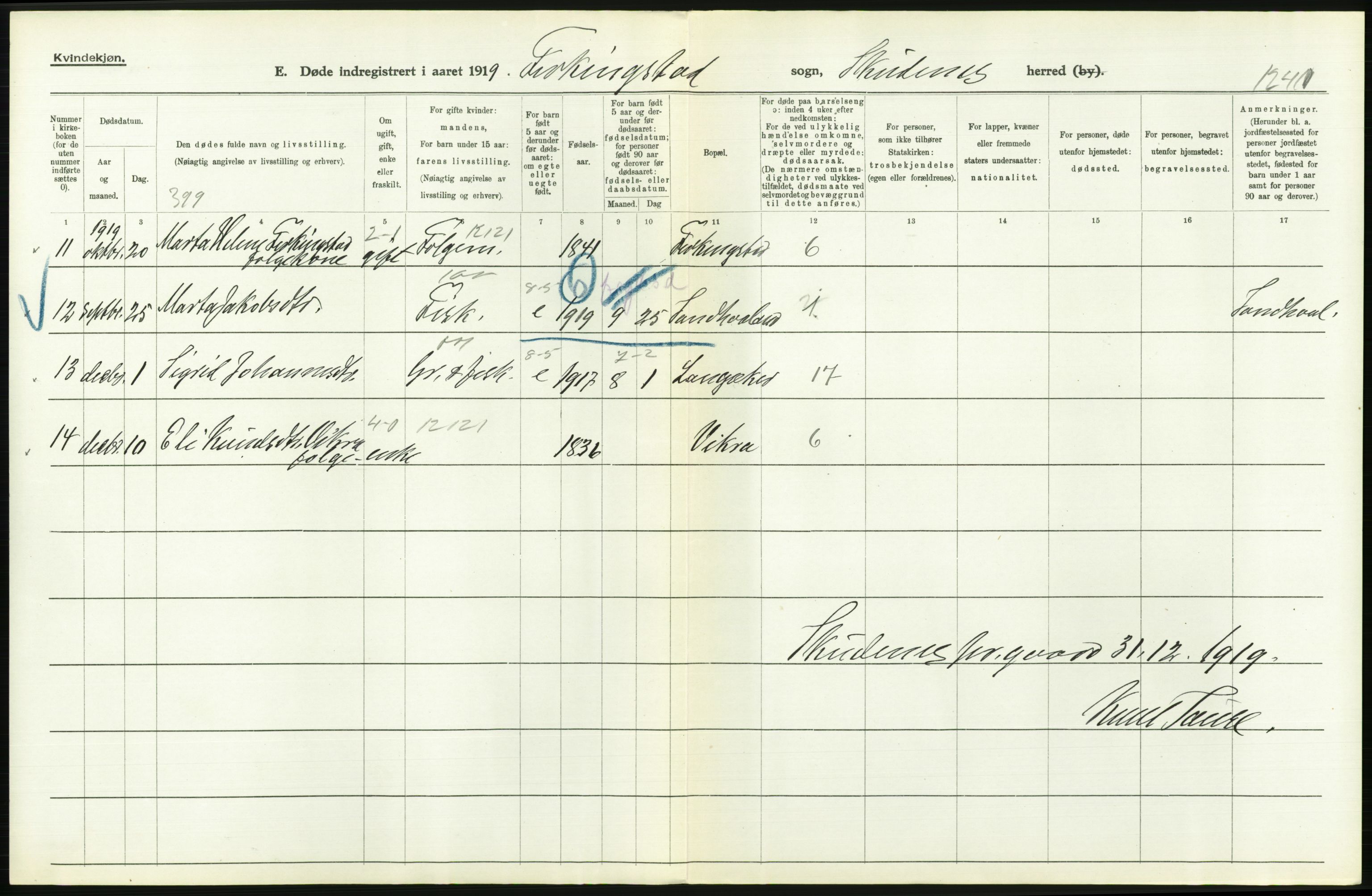 Statistisk sentralbyrå, Sosiodemografiske emner, Befolkning, AV/RA-S-2228/D/Df/Dfb/Dfbi/L0030: Rogaland fylke: Døde. Bygder og byer., 1919, p. 328