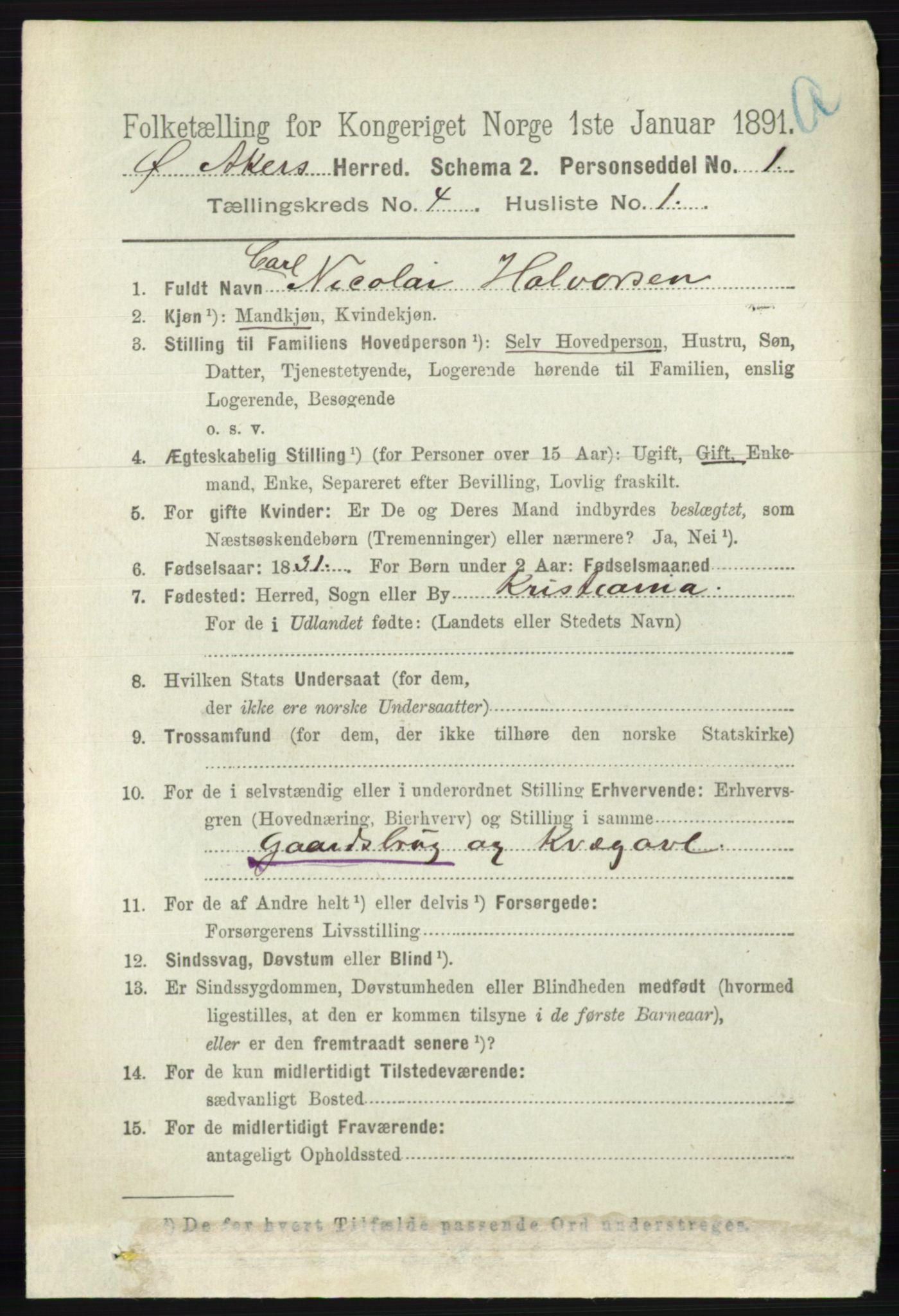 RA, 1891 census for 0218 Aker, 1891, p. 3925