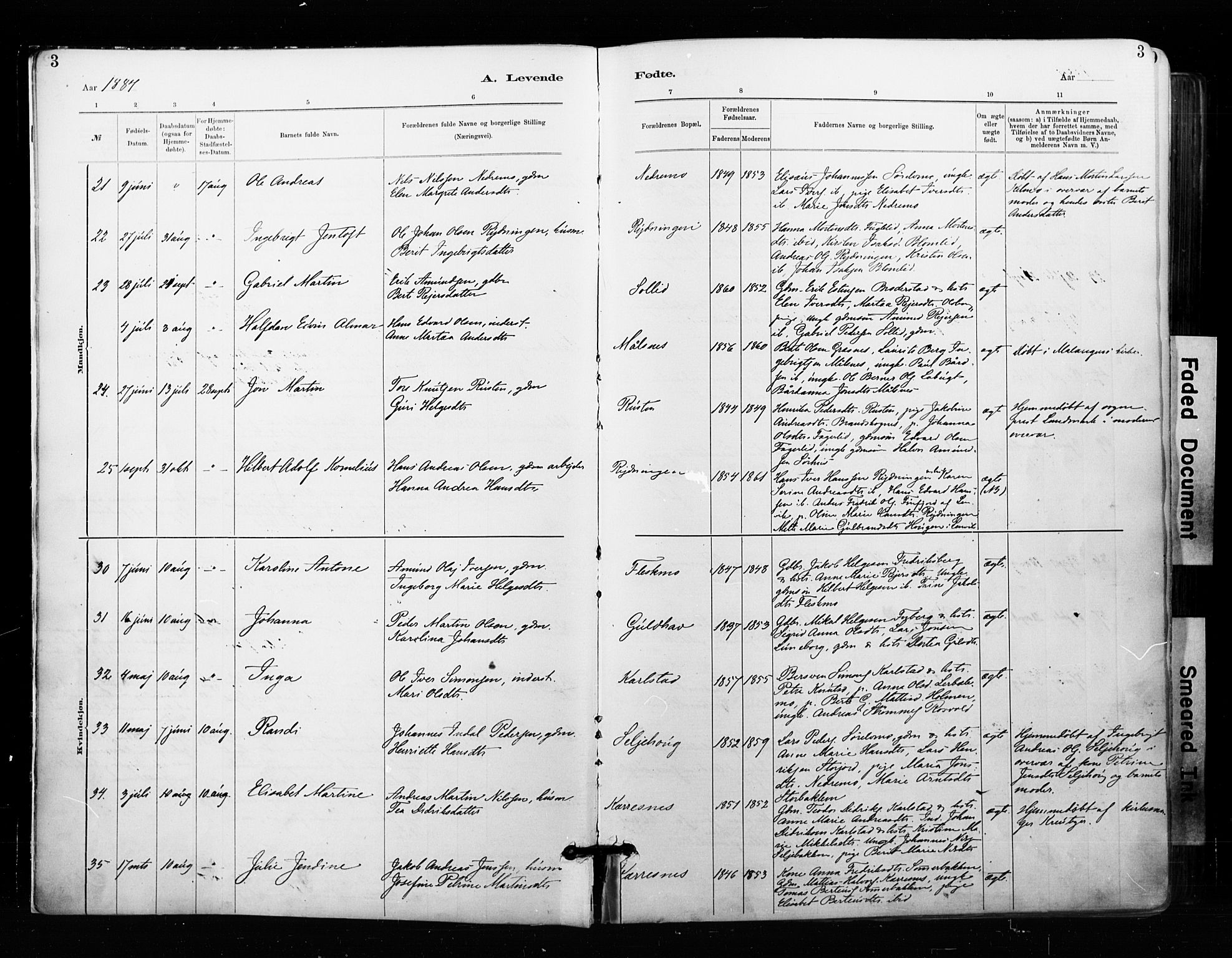 Målselv sokneprestembete, AV/SATØ-S-1311/G/Ga/Gaa/L0007kirke: Parish register (official) no. 7, 1884-1903, p. 3