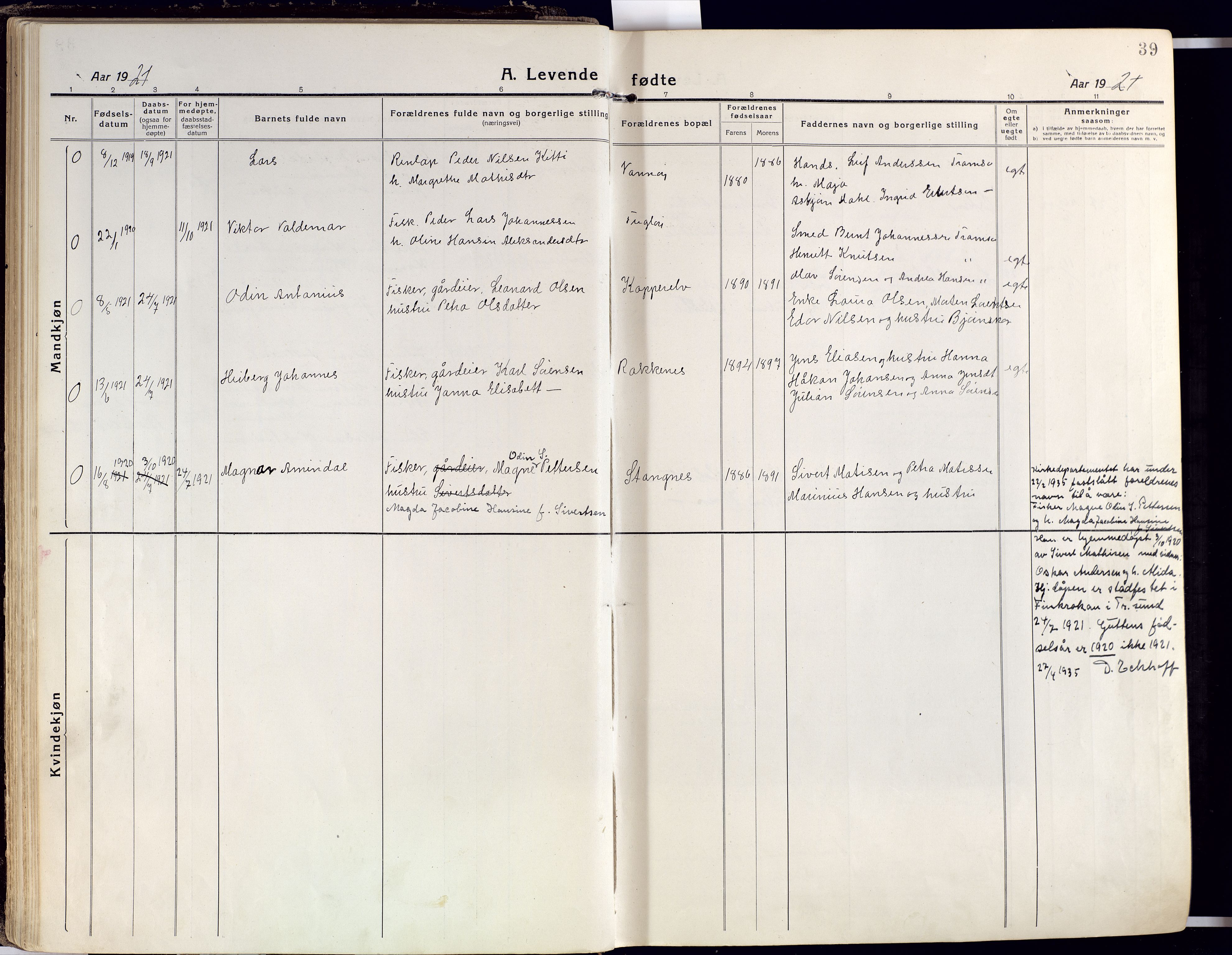 Karlsøy sokneprestembete, AV/SATØ-S-1299/H/Ha/Haa/L0015kirke: Parish register (official) no. 15, 1918-1929, p. 39