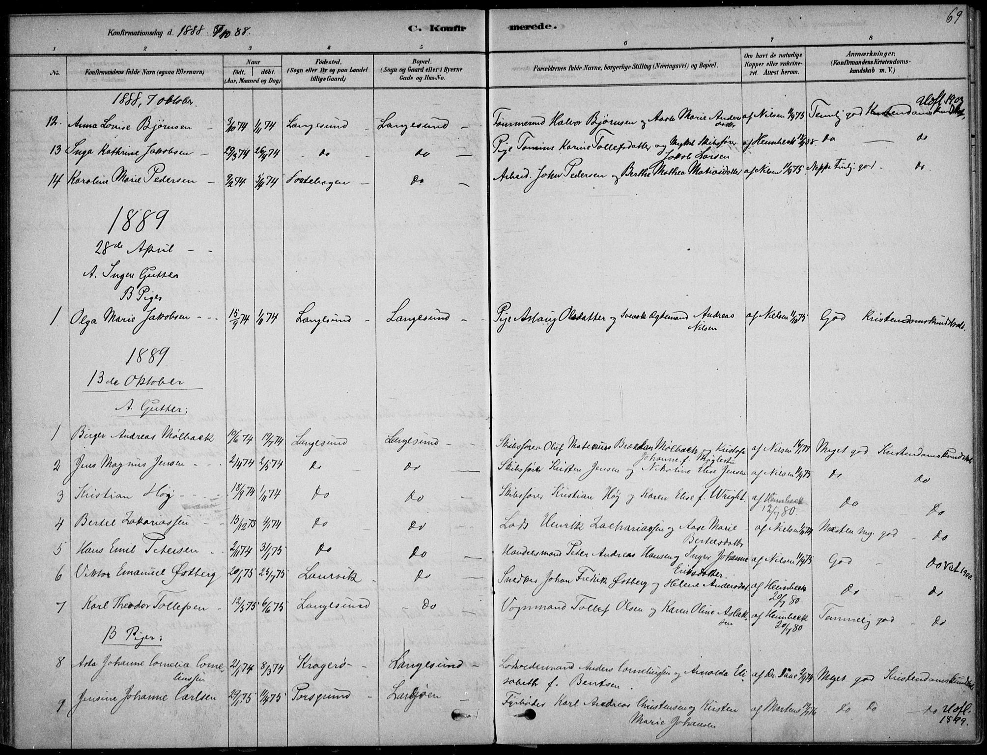 Langesund kirkebøker, SAKO/A-280/F/Fa/L0002: Parish register (official) no. 2, 1878-1892, p. 69