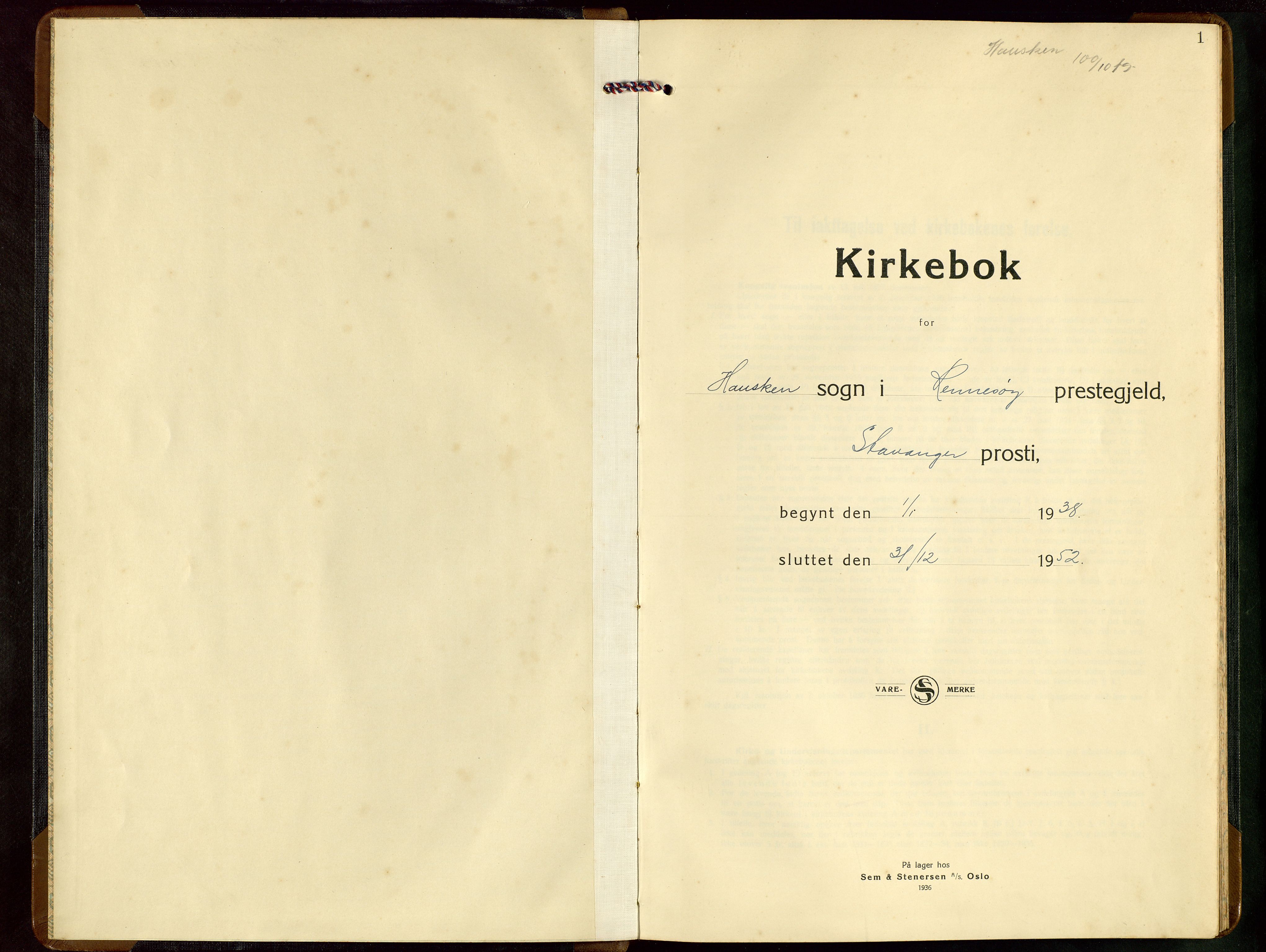 Rennesøy sokneprestkontor, AV/SAST-A -101827/H/Ha/Hab/L0018: Parish register (copy) no. B 17, 1938-1952, p. 1