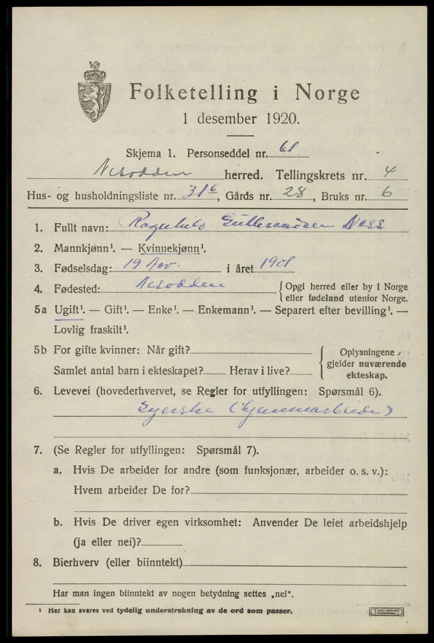 SAO, 1920 census for Nesodden, 1920, p. 4523