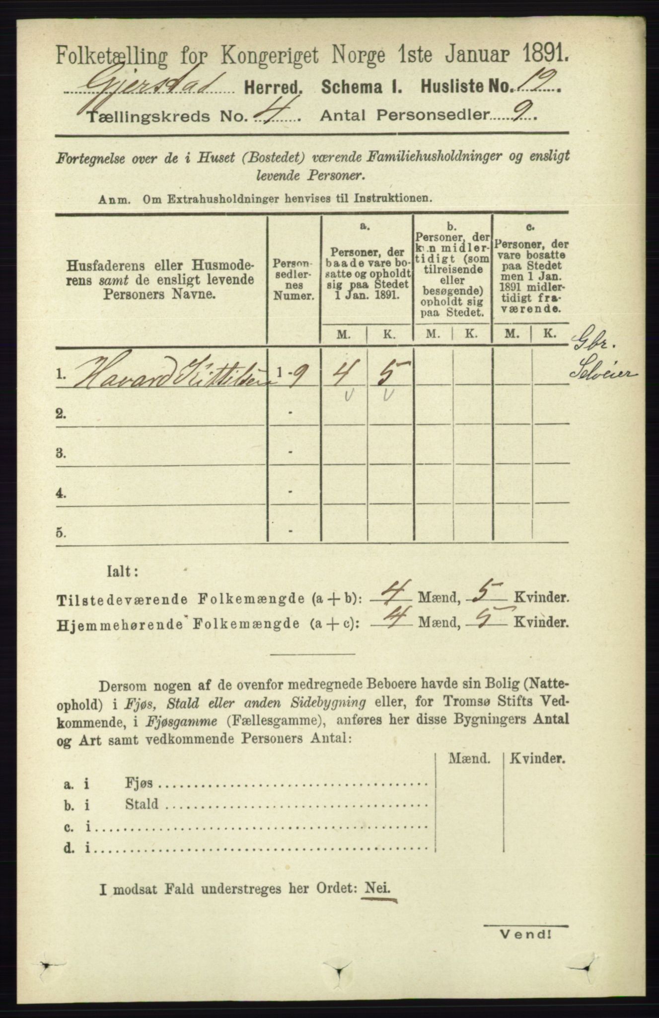 RA, 1891 census for 0911 Gjerstad, 1891, p. 1456