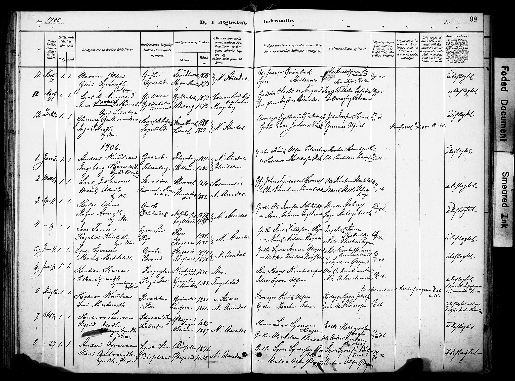 Nord-Aurdal prestekontor, SAH/PREST-132/H/Ha/Haa/L0014: Parish register (official) no. 14, 1896-1912, p. 98