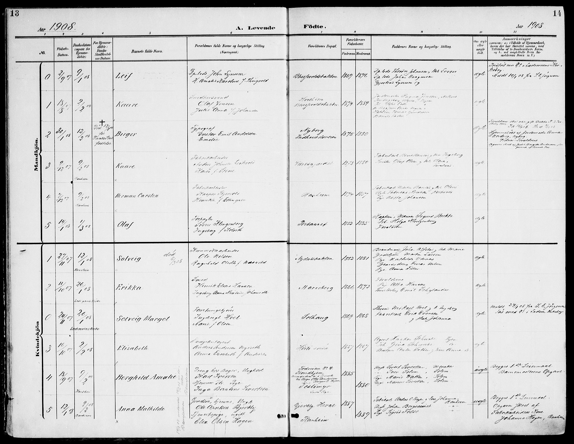 Ministerialprotokoller, klokkerbøker og fødselsregistre - Sør-Trøndelag, AV/SAT-A-1456/607/L0320: Parish register (official) no. 607A04, 1907-1915, p. 13-14