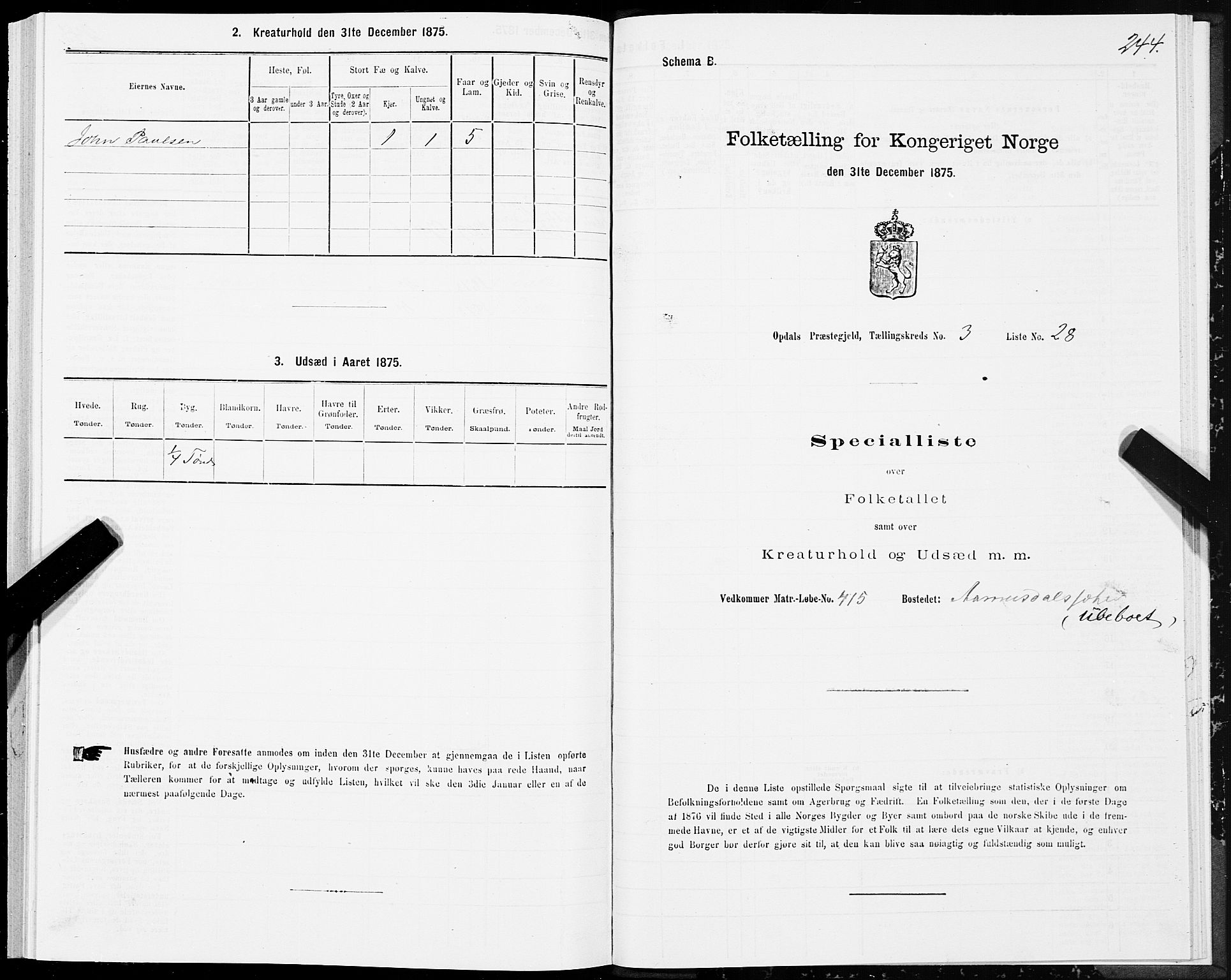 SAT, 1875 census for 1634P Oppdal, 1875, p. 2244