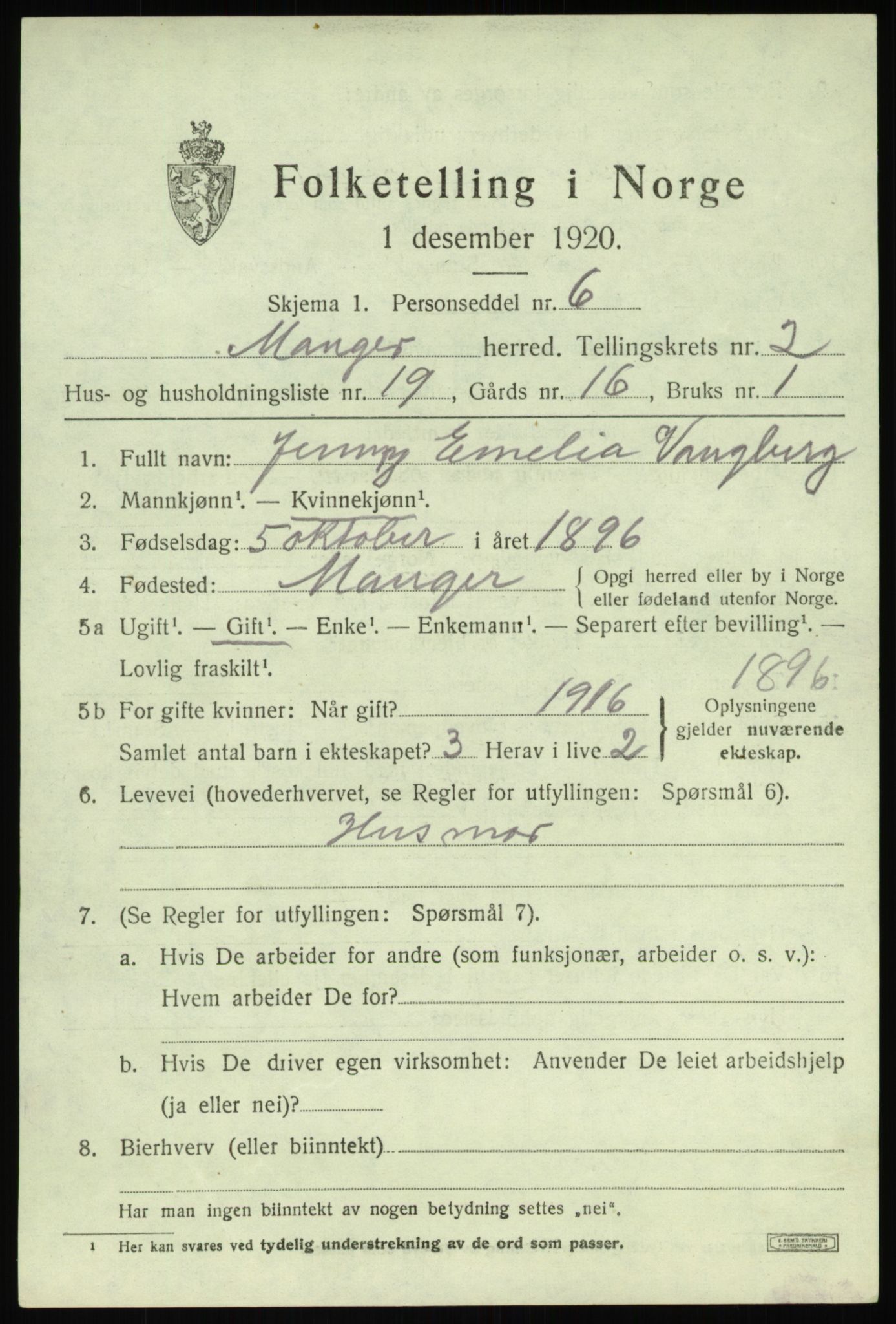 SAB, 1920 census for Manger, 1920, p. 2205