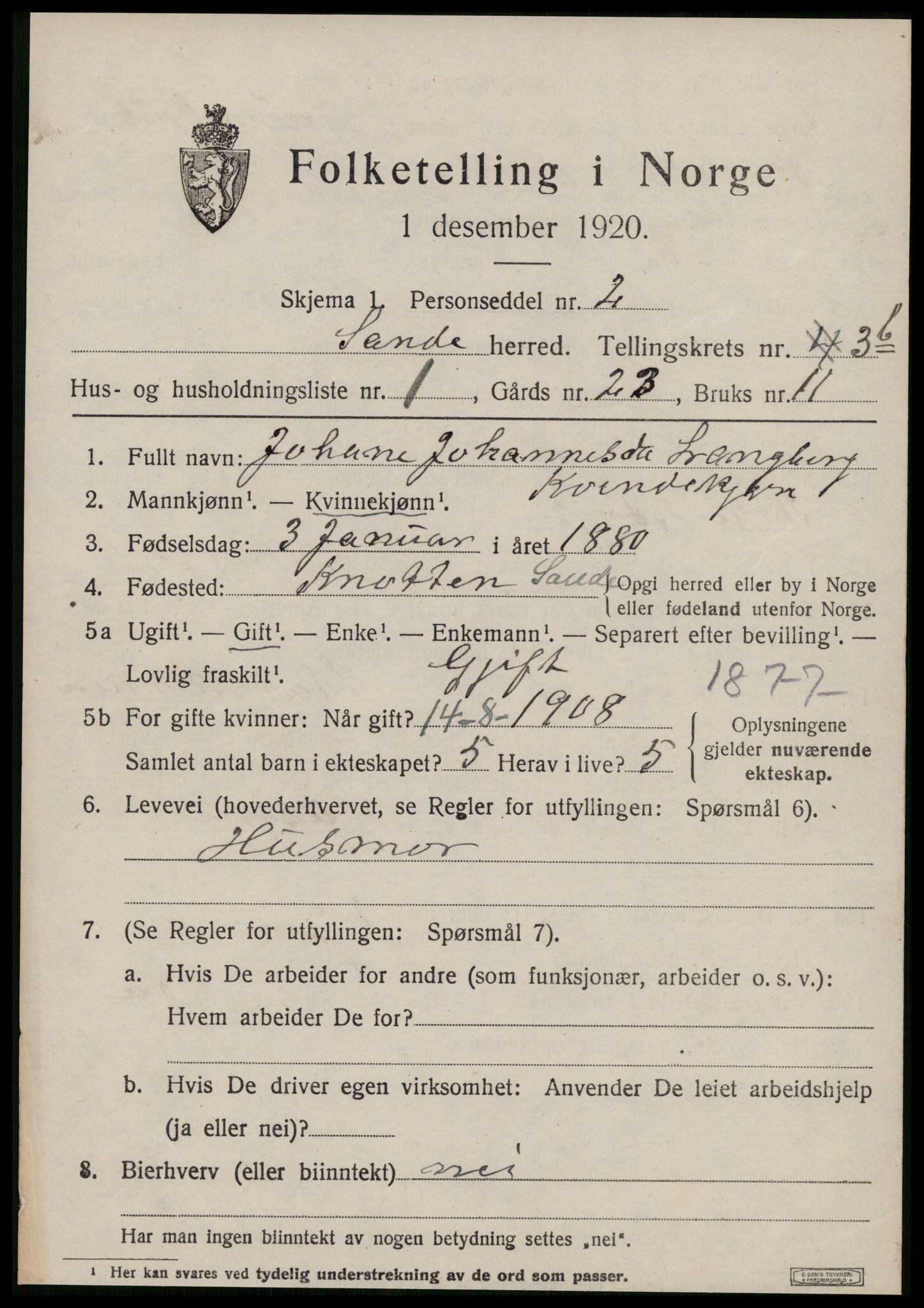 SAT, 1920 census for Sande (MR), 1920, p. 2702