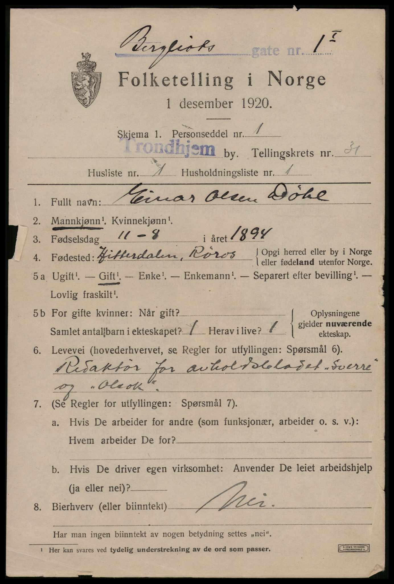 SAT, 1920 census for Trondheim, 1920, p. 76180