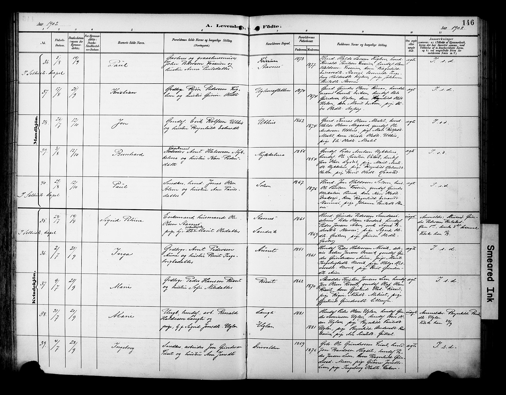 Ministerialprotokoller, klokkerbøker og fødselsregistre - Sør-Trøndelag, AV/SAT-A-1456/695/L1149: Parish register (official) no. 695A09, 1891-1902, p. 146