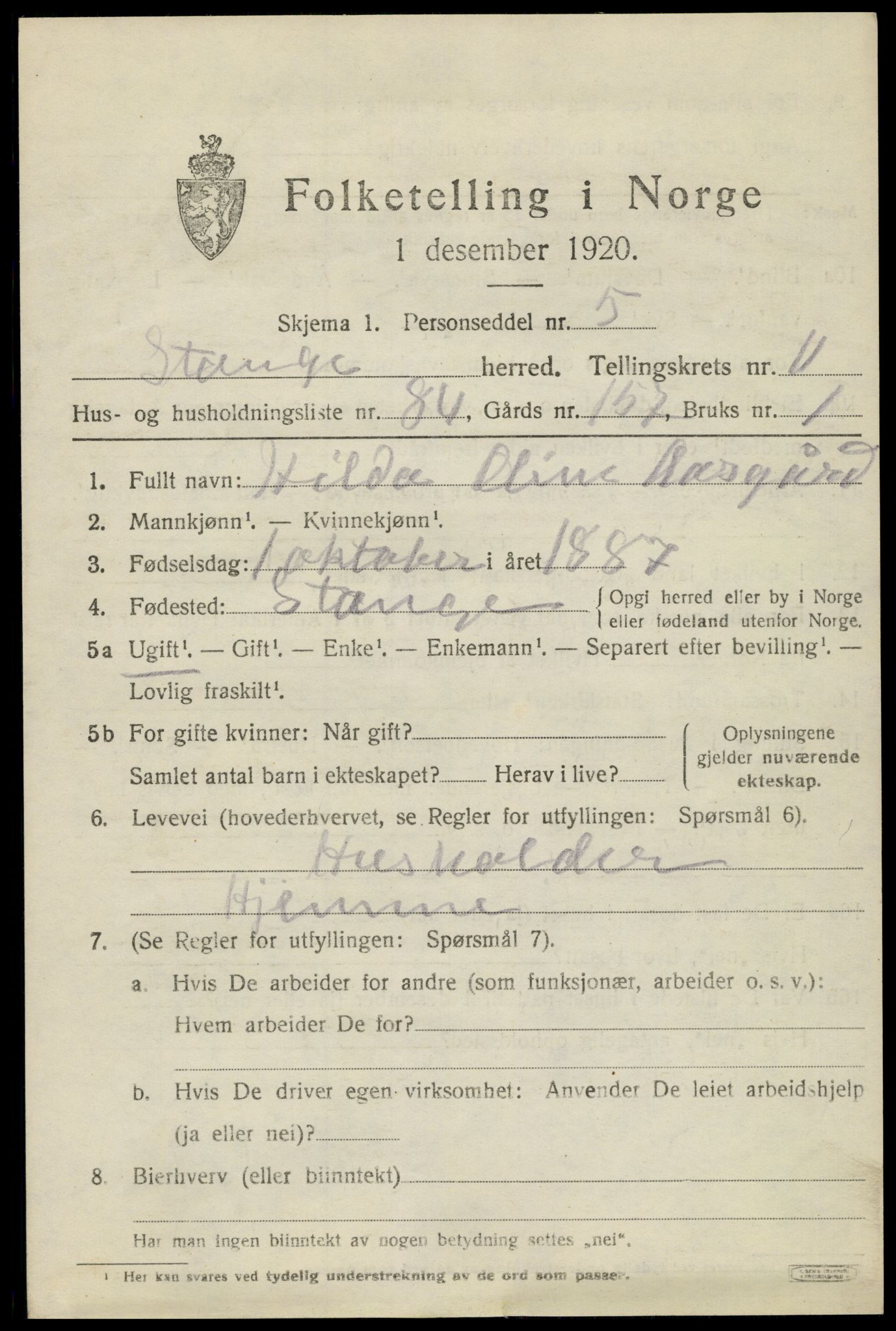 SAH, 1920 census for Stange, 1920, p. 17833