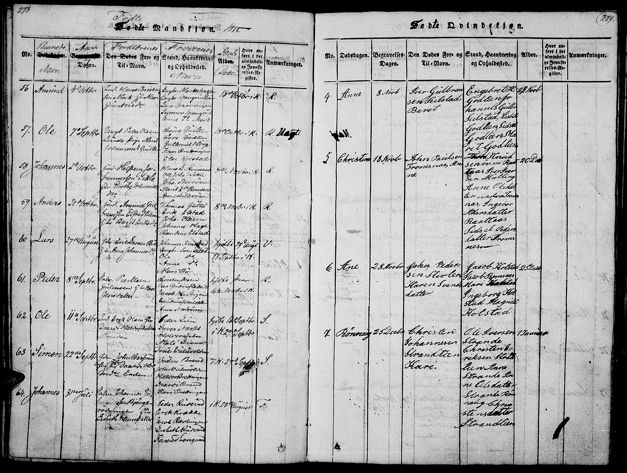 Ringebu prestekontor, AV/SAH-PREST-082/H/Ha/Haa/L0004: Parish register (official) no. 4, 1821-1839, p. 278-279