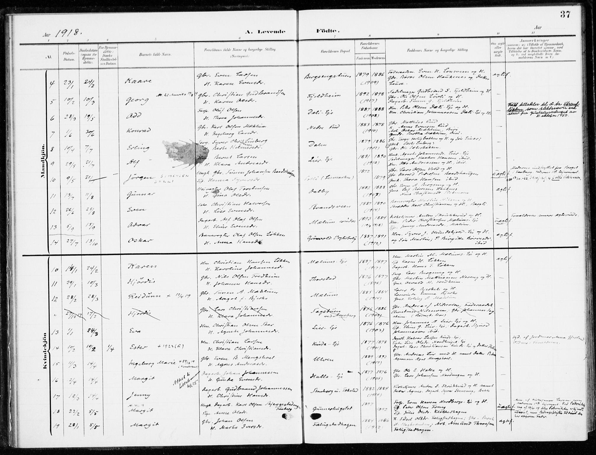 Ringsaker prestekontor, AV/SAH-PREST-014/K/Ka/L0021: Parish register (official) no. 21, 1905-1920, p. 37