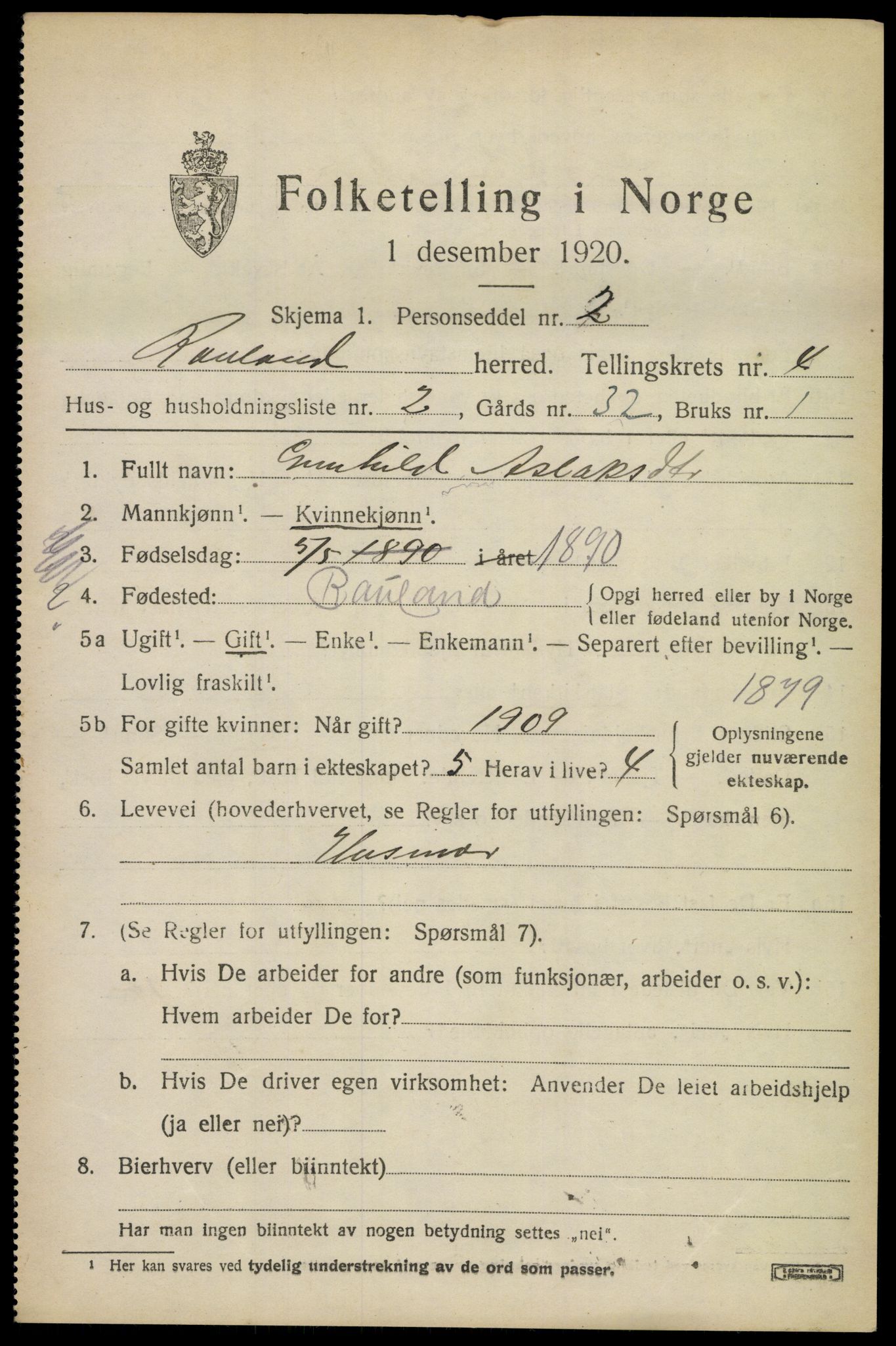 SAKO, 1920 census for Rauland, 1920, p. 812