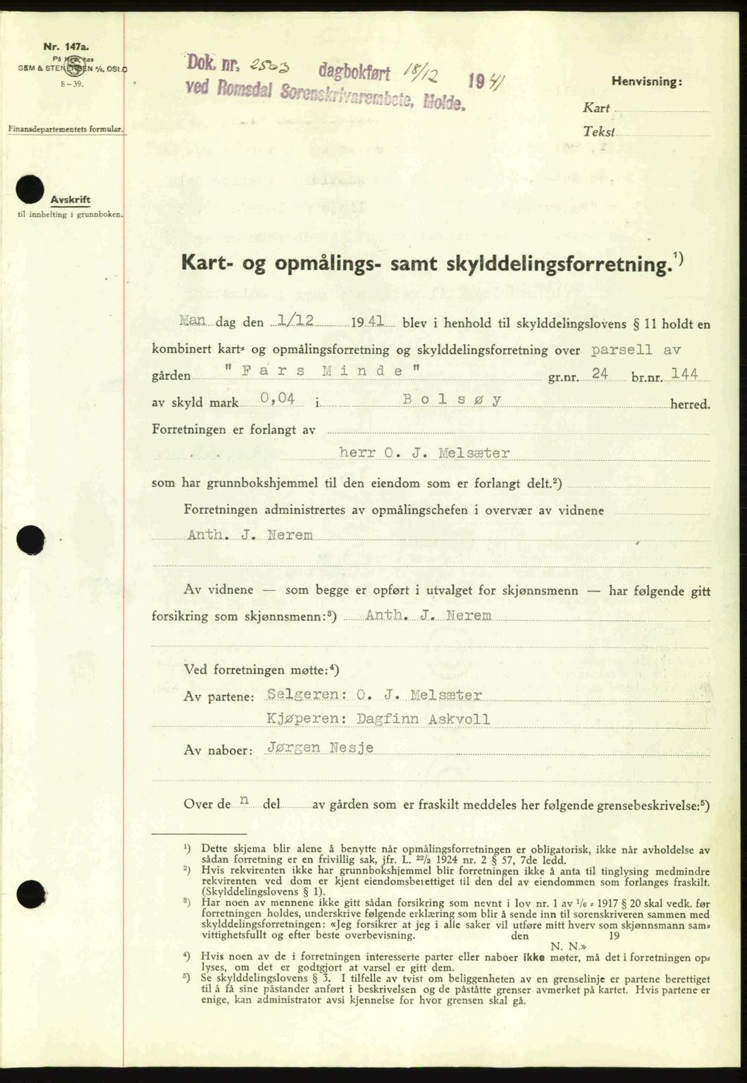 Romsdal sorenskriveri, AV/SAT-A-4149/1/2/2C: Mortgage book no. A11, 1941-1942, Diary no: : 2503/1941