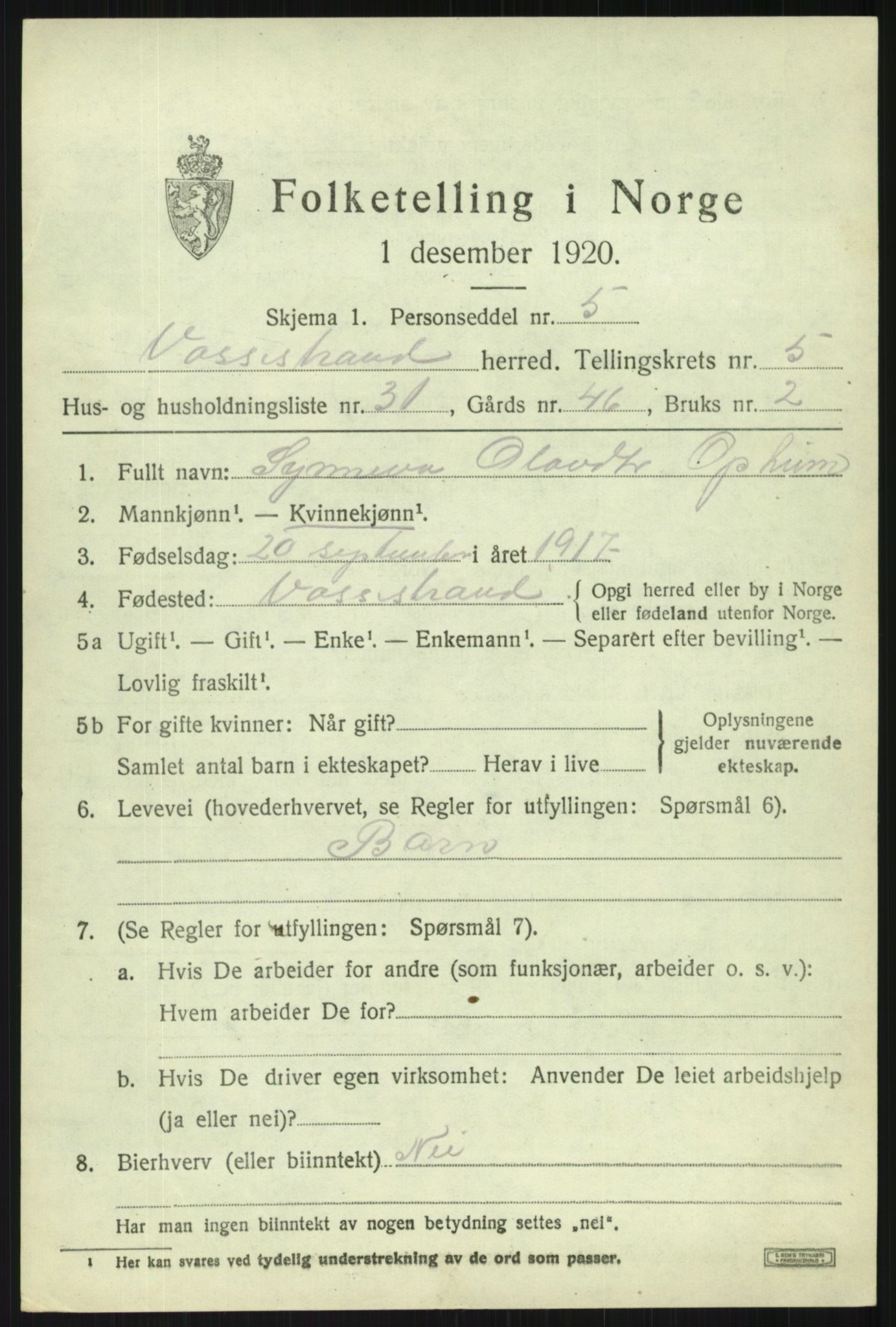 SAB, 1920 census for Vossestrand, 1920, p. 2758