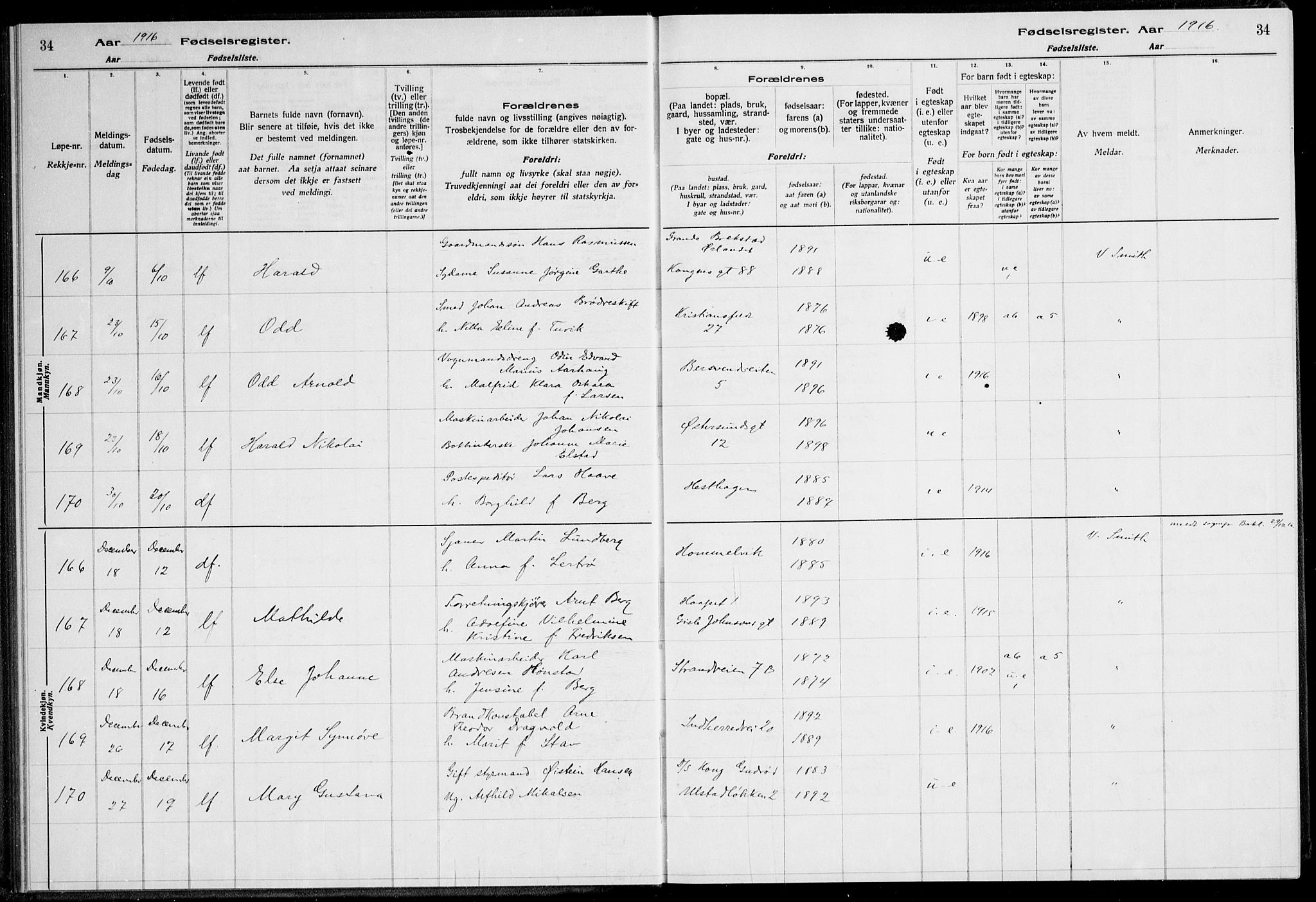 Ministerialprotokoller, klokkerbøker og fødselsregistre - Sør-Trøndelag, AV/SAT-A-1456/600/L0002: Birth register no. 600.II.4.1, 1916-1920, p. 34