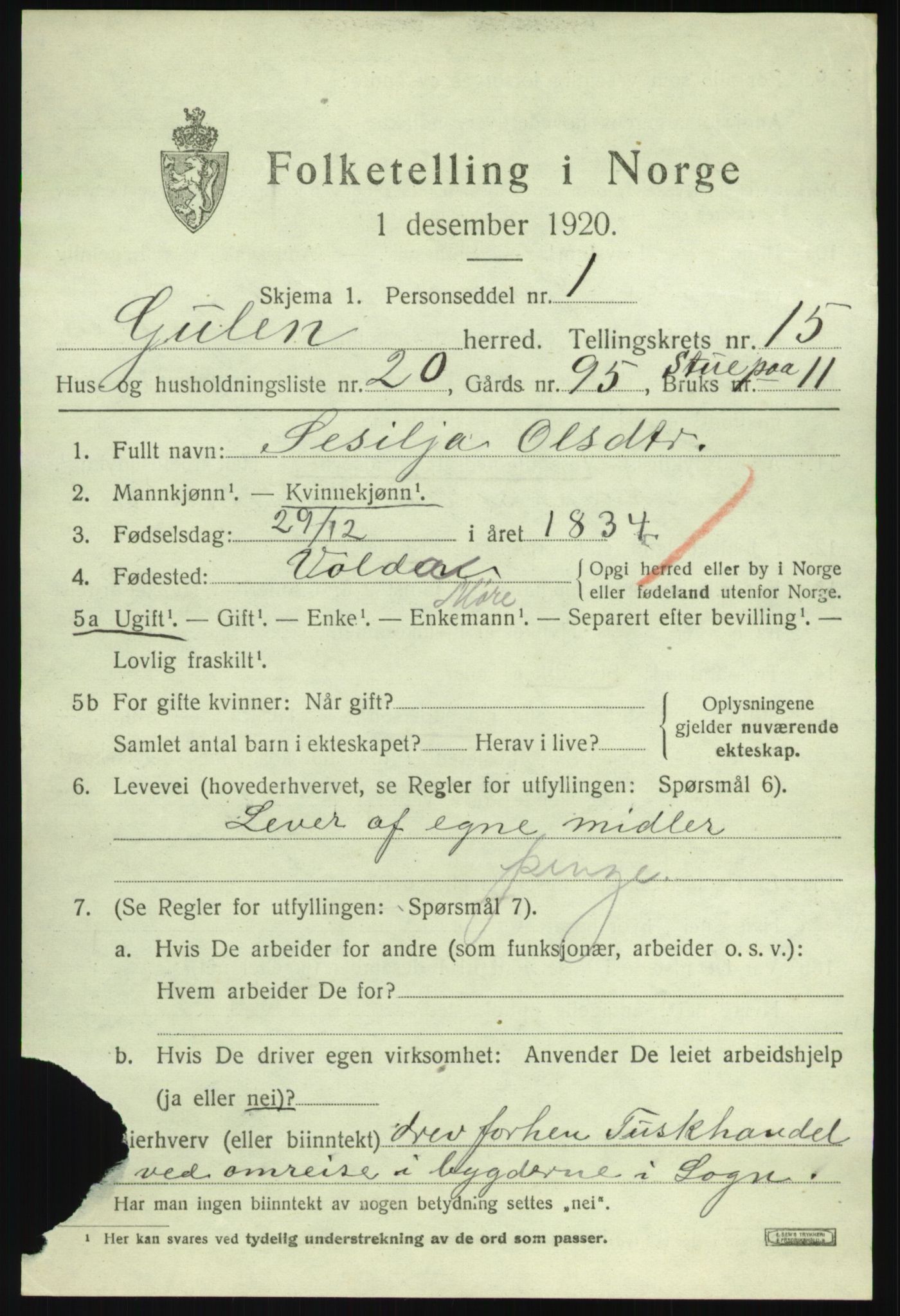 SAB, 1920 census for Gulen, 1920, p. 6693