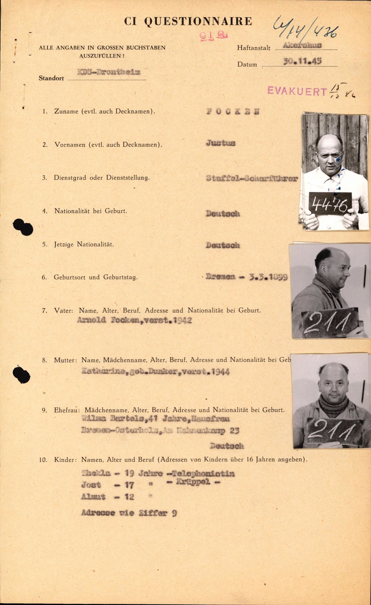 Forsvaret, Forsvarets overkommando II, RA/RAFA-3915/D/Db/L0008: CI Questionaires. Tyske okkupasjonsstyrker i Norge. Tyskere., 1945-1946, p. 178