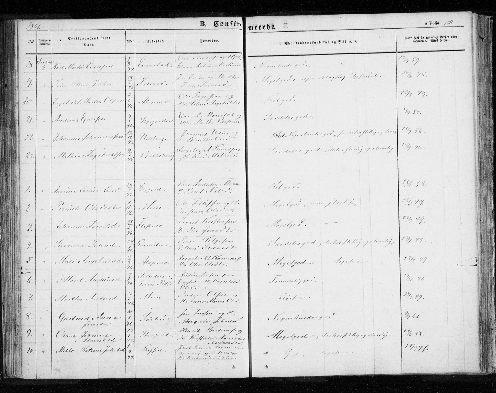 Målselv sokneprestembete, AV/SATØ-S-1311/G/Ga/Gaa/L0003kirke: Parish register (official) no. 3, 1853-1863, p. 108