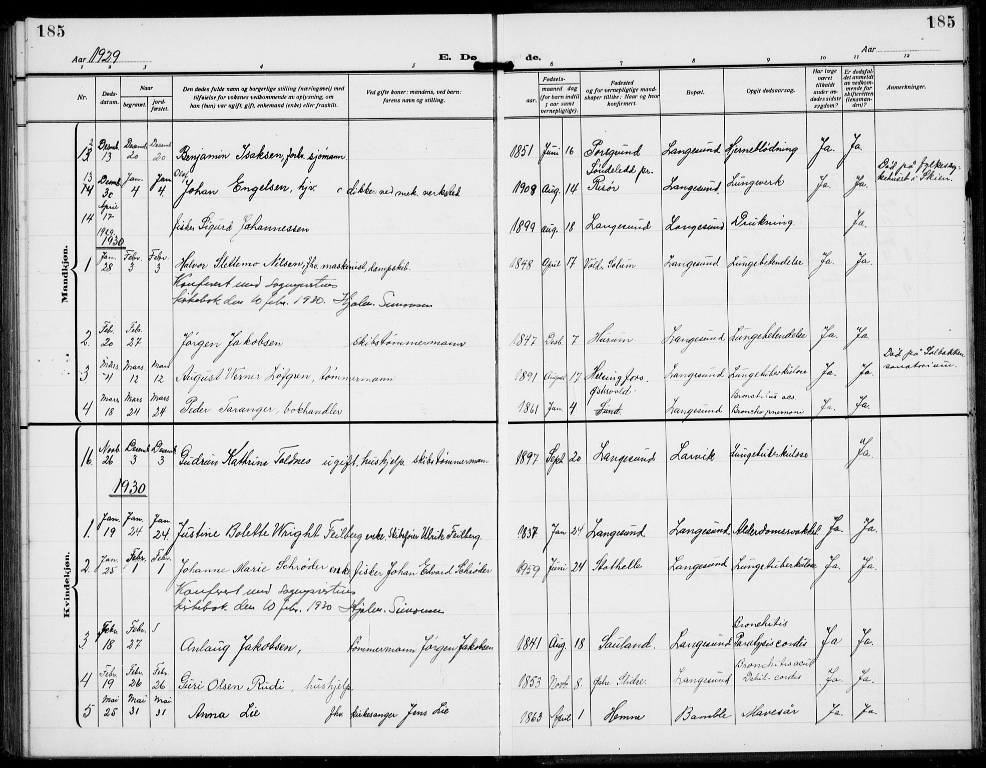 Langesund kirkebøker, AV/SAKO-A-280/G/Ga/L0007: Parish register (copy) no. 7, 1919-1939, p. 185