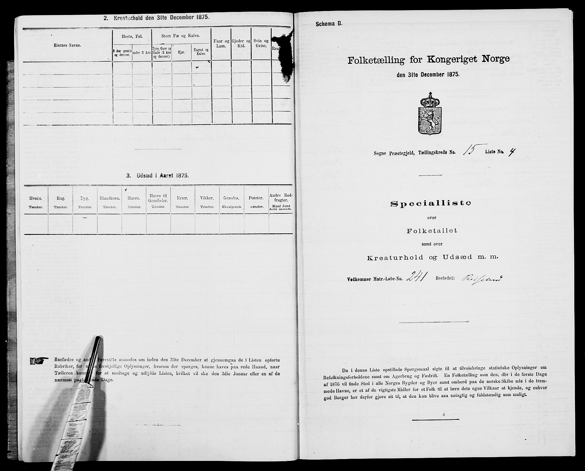 SAK, 1875 census for 1018P Søgne, 1875, p. 1121