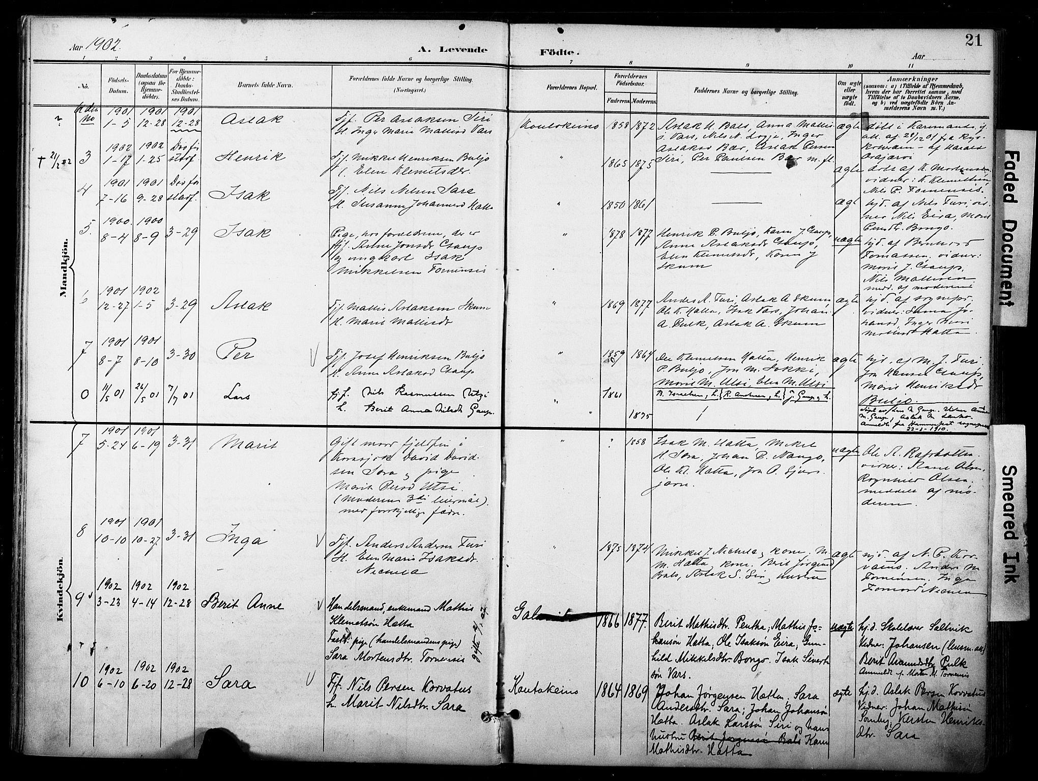 Kautokeino sokneprestembete, AV/SATØ-S-1340/H/Ha/L0005.kirke: Parish register (official) no. 5, 1896-1916, p. 21