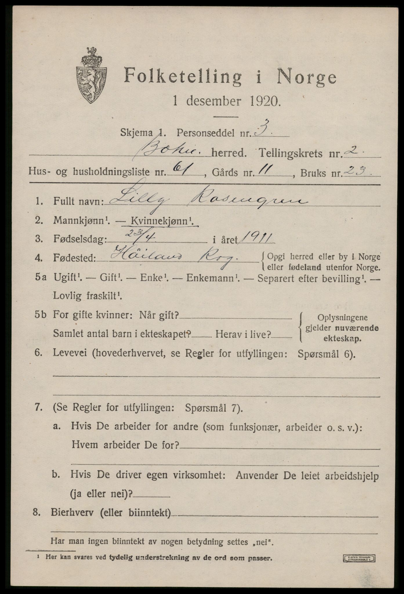 SAST, 1920 census for Bokn, 1920, p. 1316