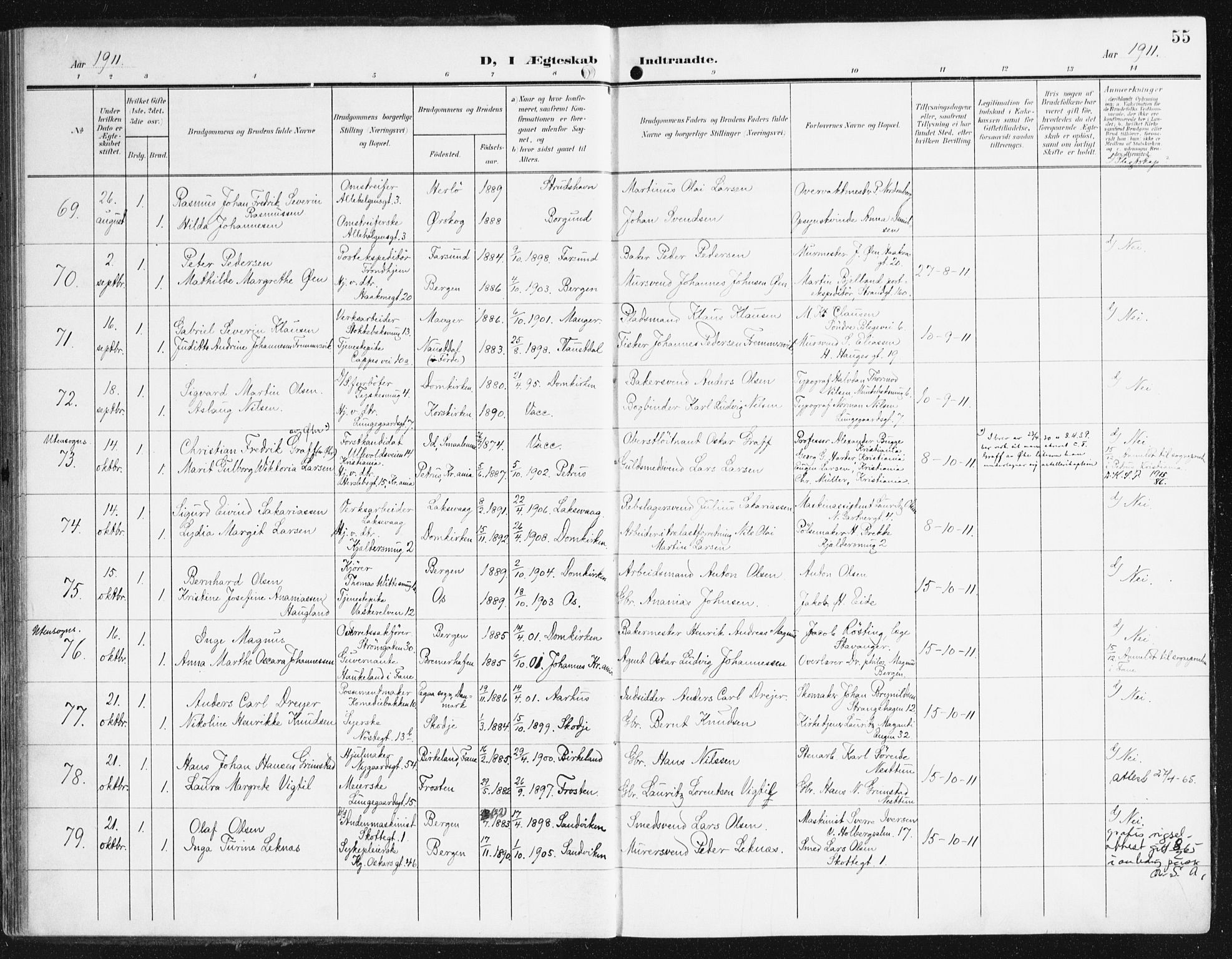 Domkirken sokneprestembete, AV/SAB-A-74801/H/Haa/L0038: Parish register (official) no. D 5, 1906-1921, p. 55