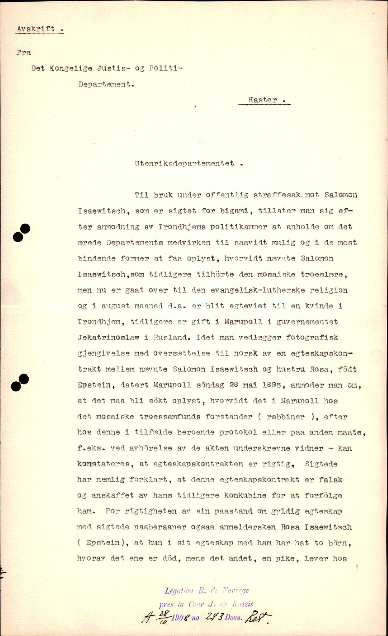 Utenriksstasjonene, Legasjonen i St. Petersburg, Russland, AV/RA-S-3761/D/Db/L0122/0013: -- / Rett-18 Straffesak mot Salomon Isaewitch., 1908-1909, p. 3