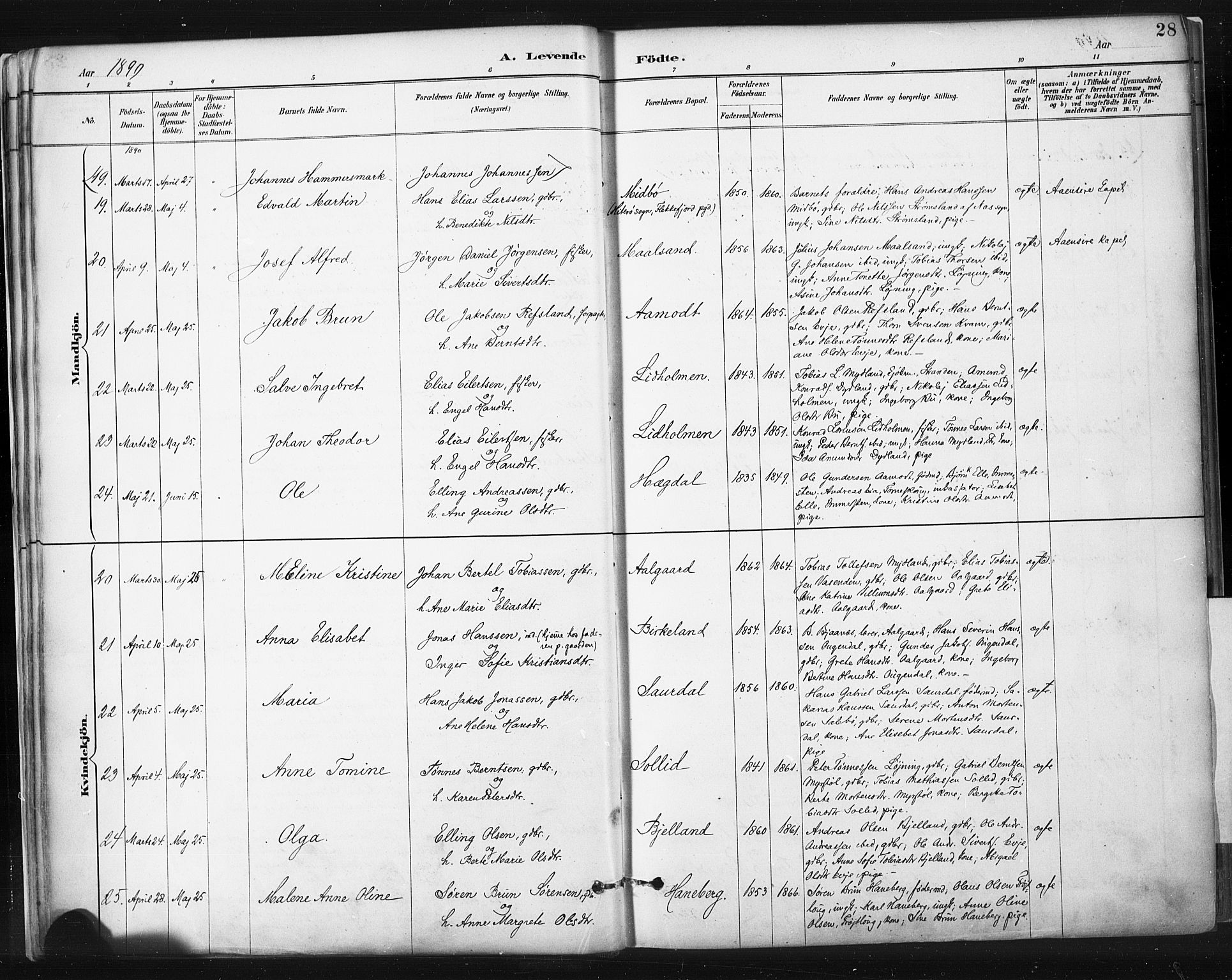 Sokndal sokneprestkontor, AV/SAST-A-101808: Parish register (official) no. A 11.1, 1887-1905, p. 28